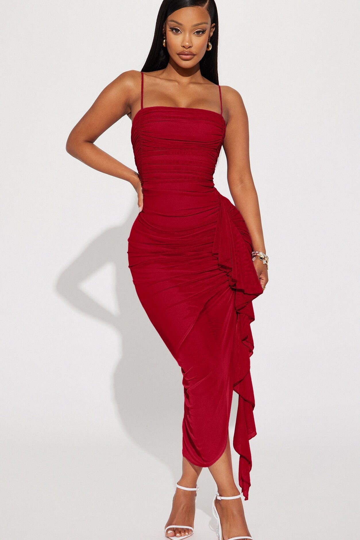 Pretty Lady Ruched Midi Dress - Red