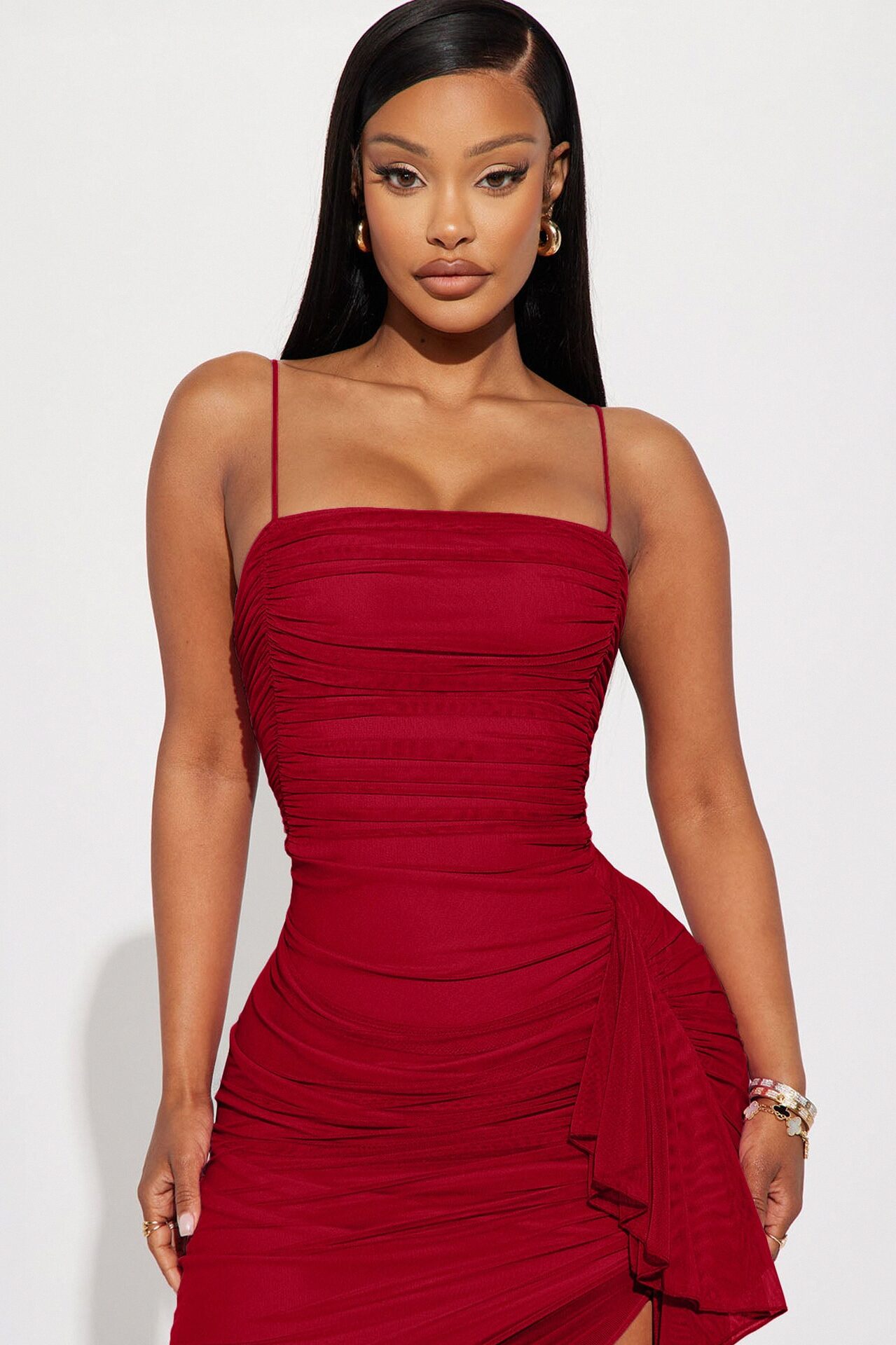 Pretty Lady Ruched Midi Dress - Red
