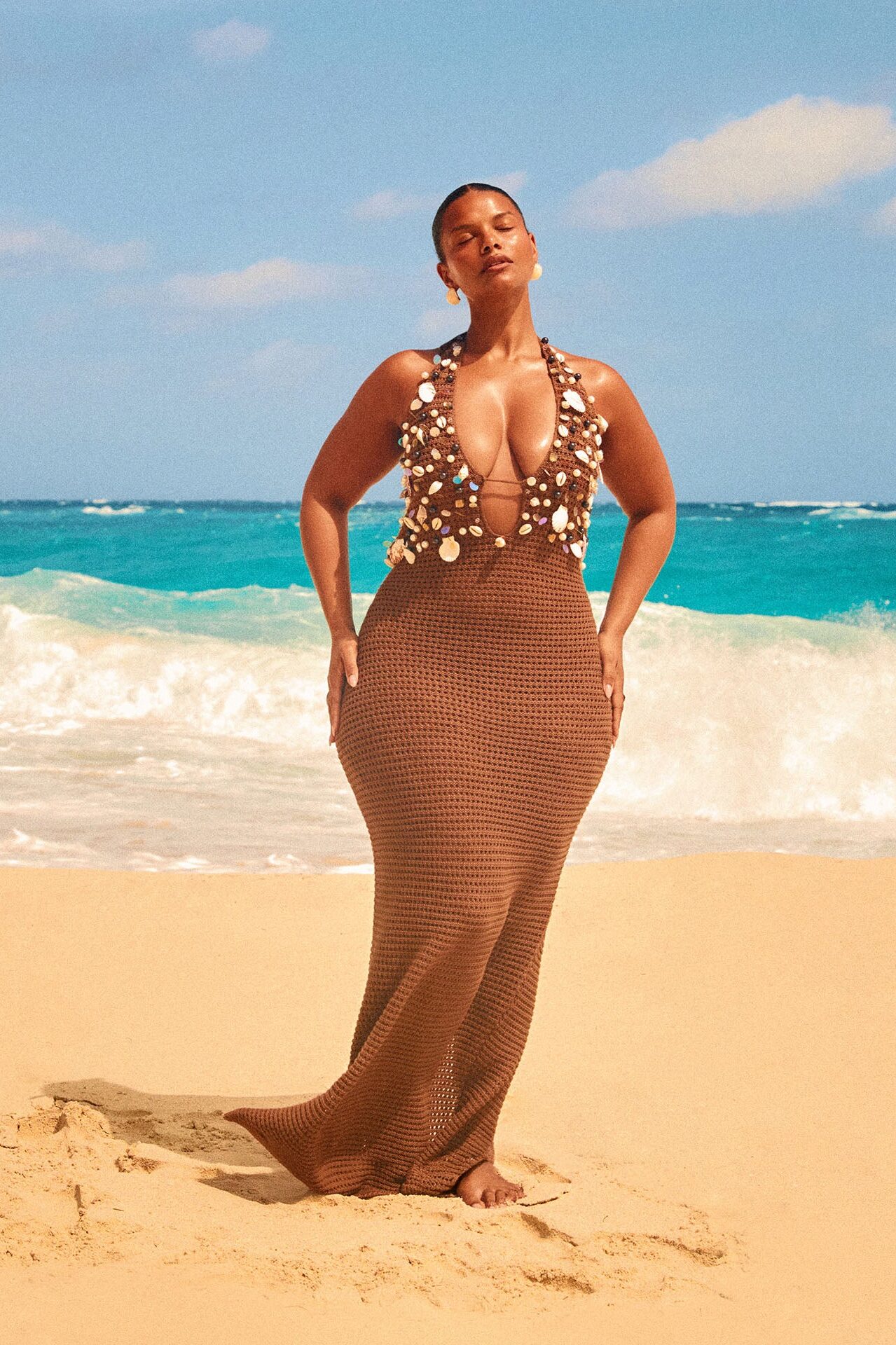 Seaside Sparkle Crochet Maxi Dress - Chocolate
