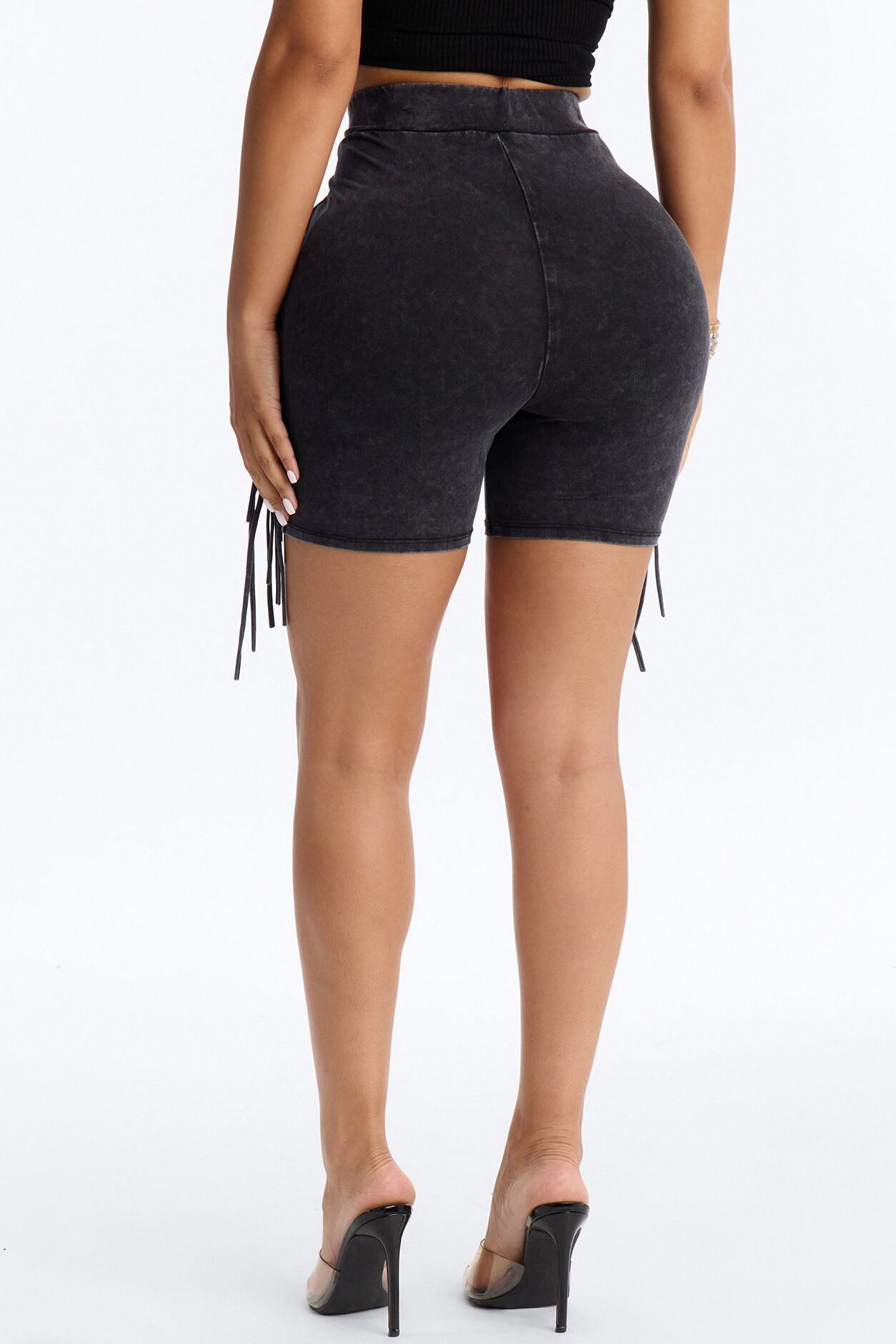 Shake It Up Washed Fringe Trim Biker Short 4″ - Black