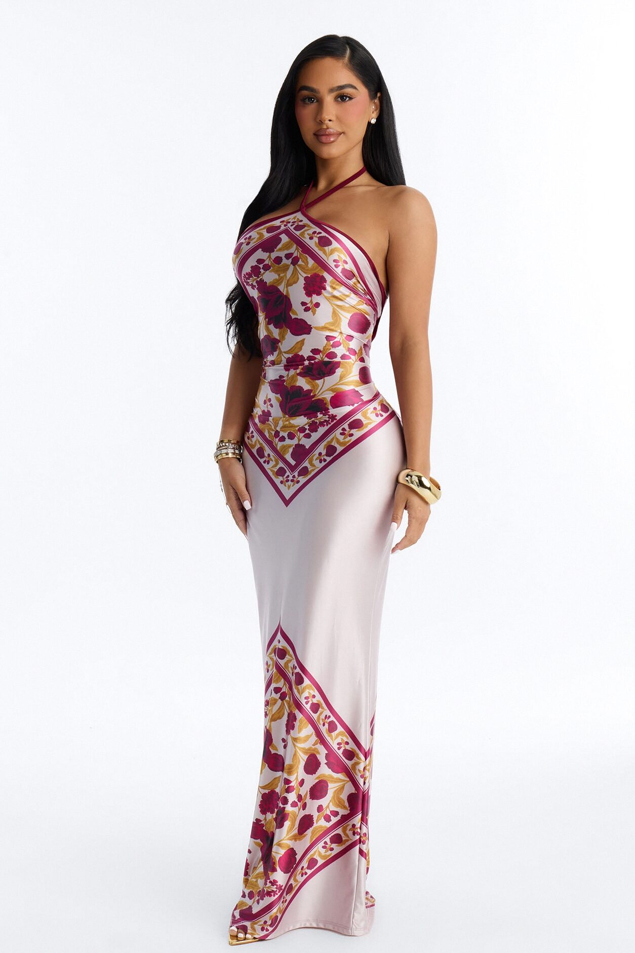 Dina Floral Satin Maxi Dress - Burgundy/combo