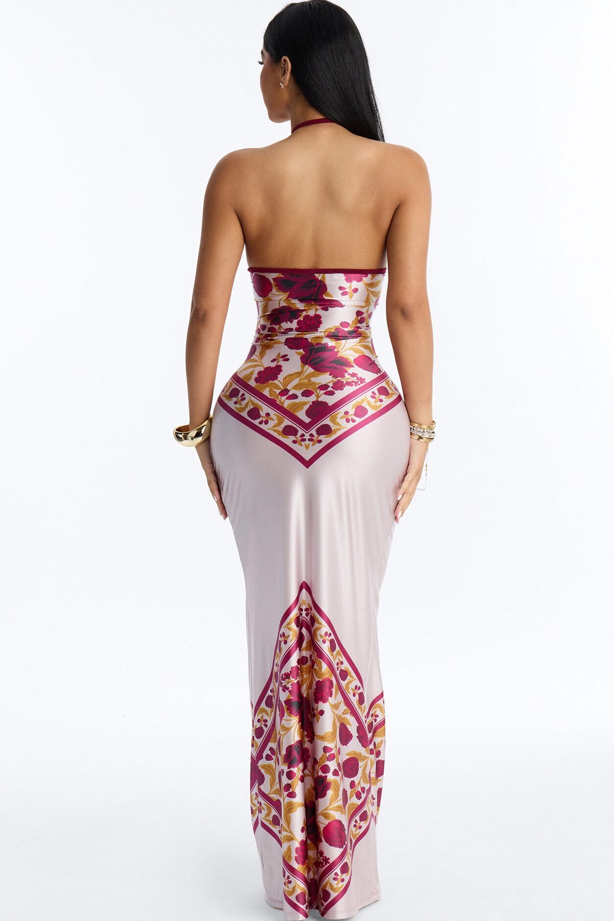 Dina Floral Satin Maxi Dress - Burgundy/combo