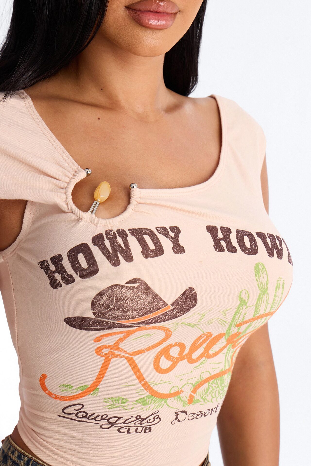 Howdy Howdy Cowboy hardware Top - Taupe