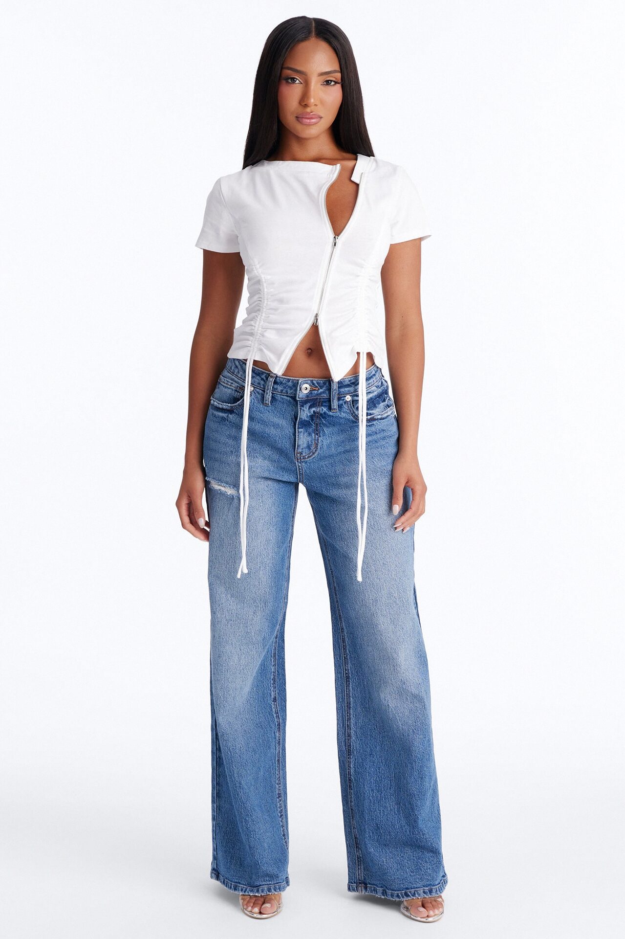 Unzip Me Ruched Short Sleeve Top - White