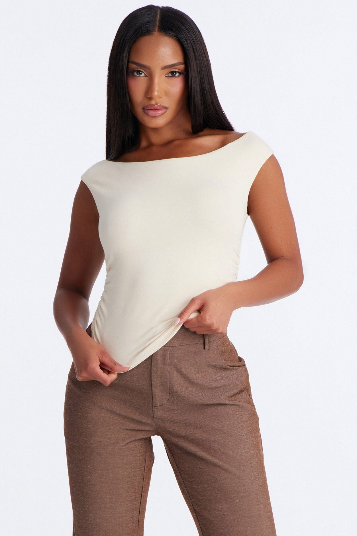 Boat Neck Baby Tee With Side Ruching - Ivory