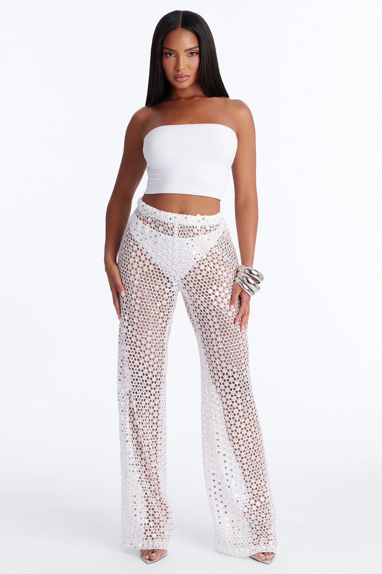 Zuri Low Rise Crochet Sequin Wide Leg Pant - White