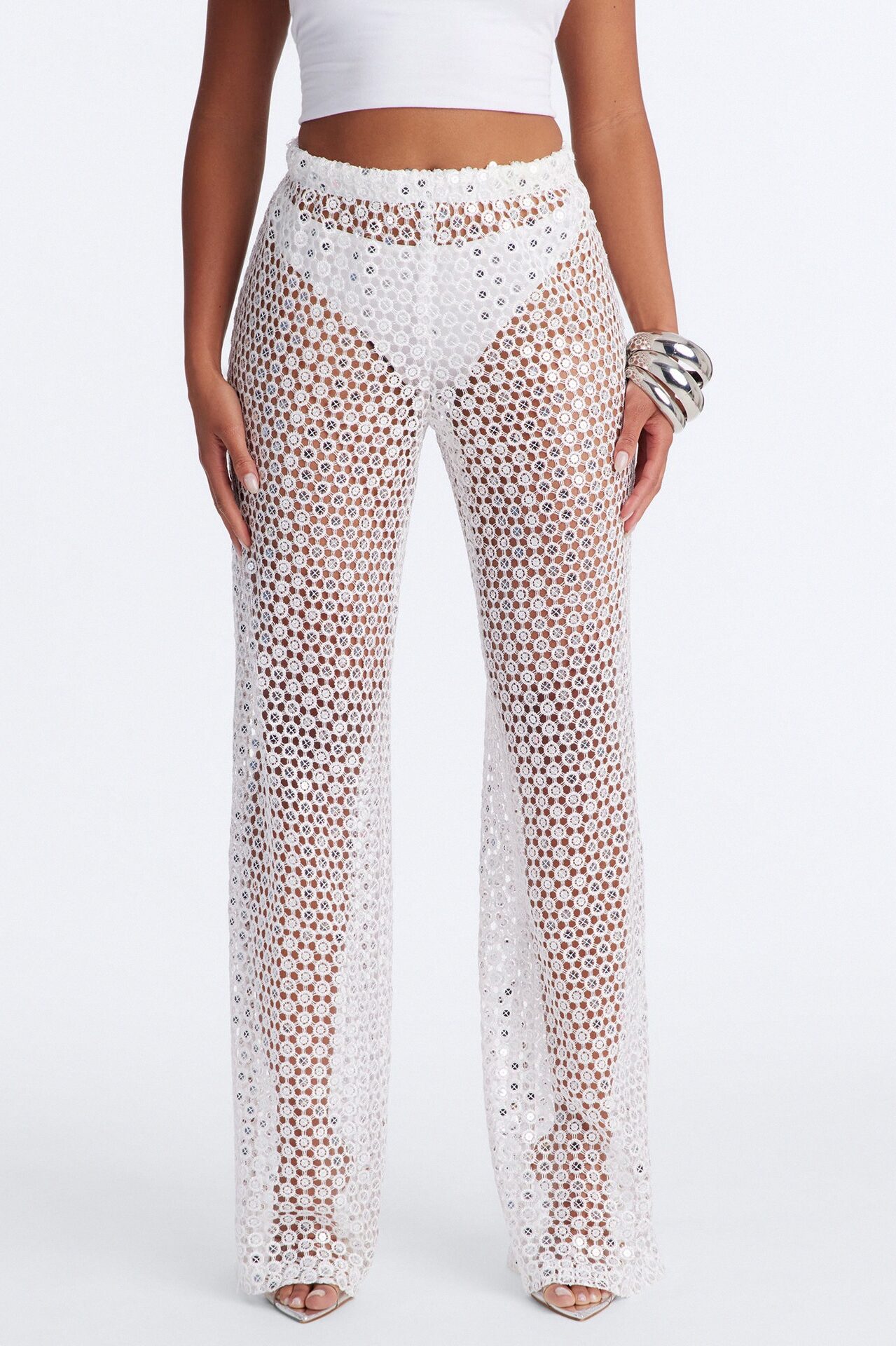 Zuri Low Rise Crochet Sequin Wide Leg Pant - White