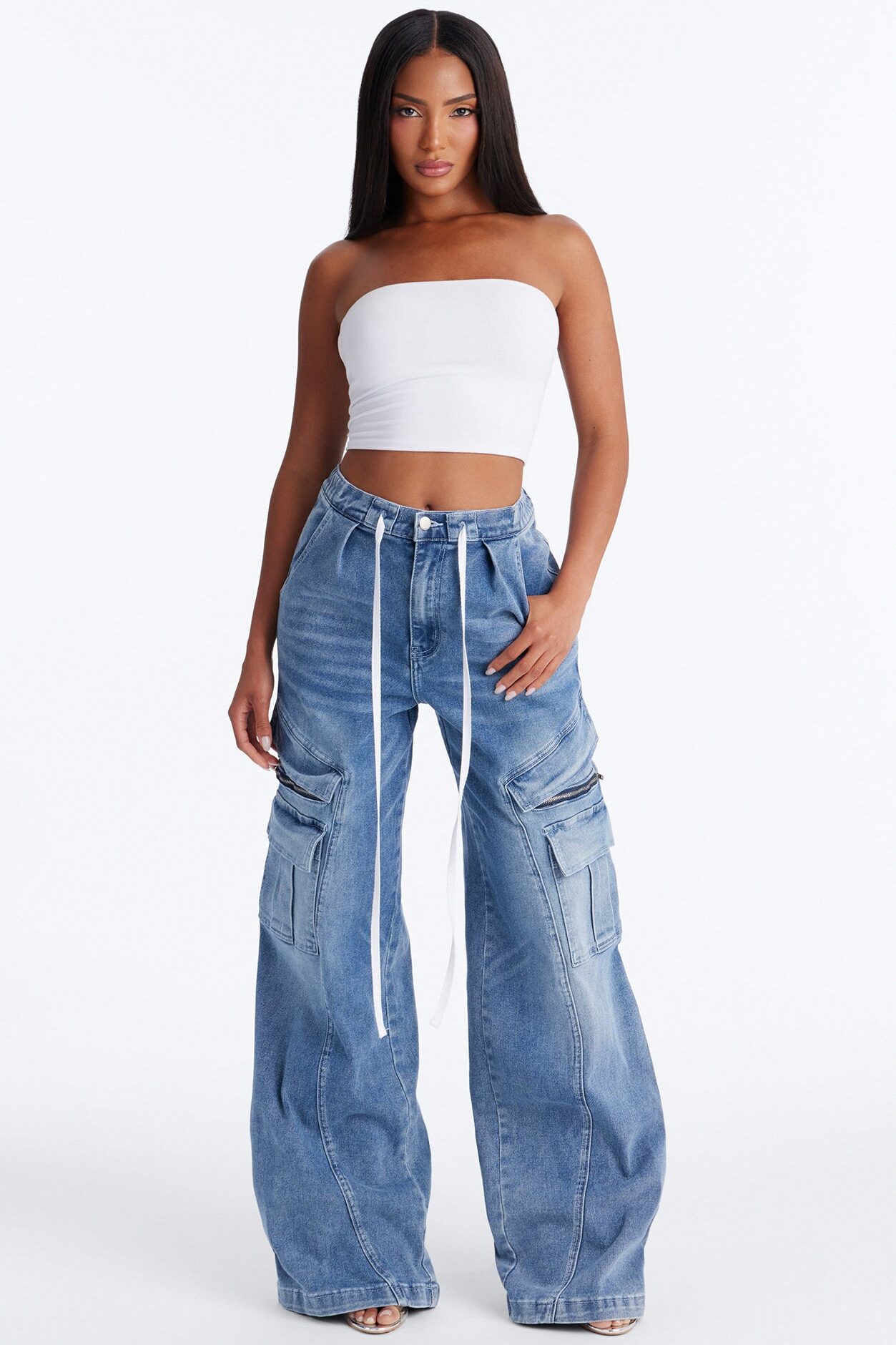 Ask About Me Tie Waist Cargo Wide Leg Jeans - Medium Wash