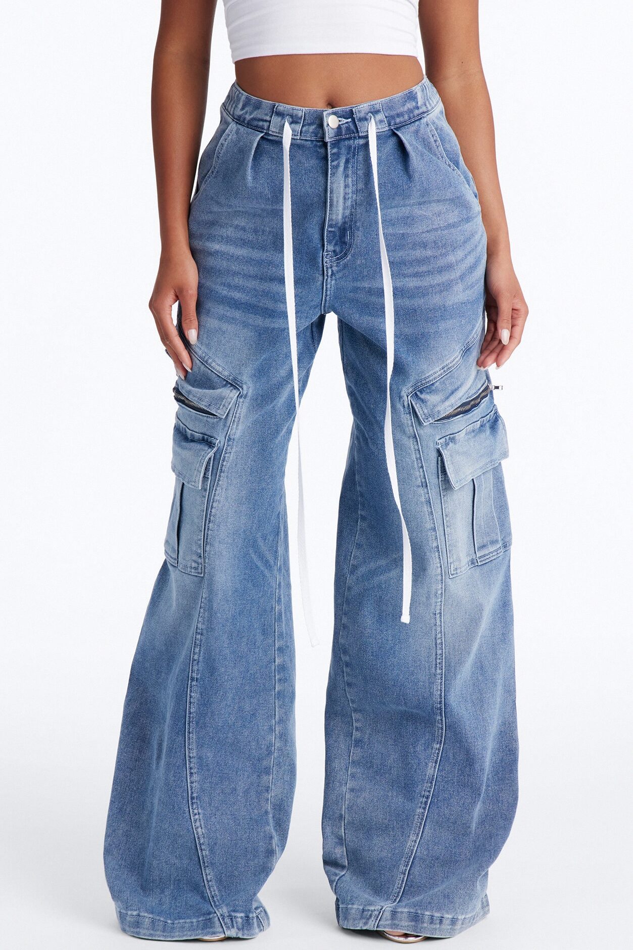 Ask About Me Tie Waist Cargo Wide Leg Jeans - Medium Wash