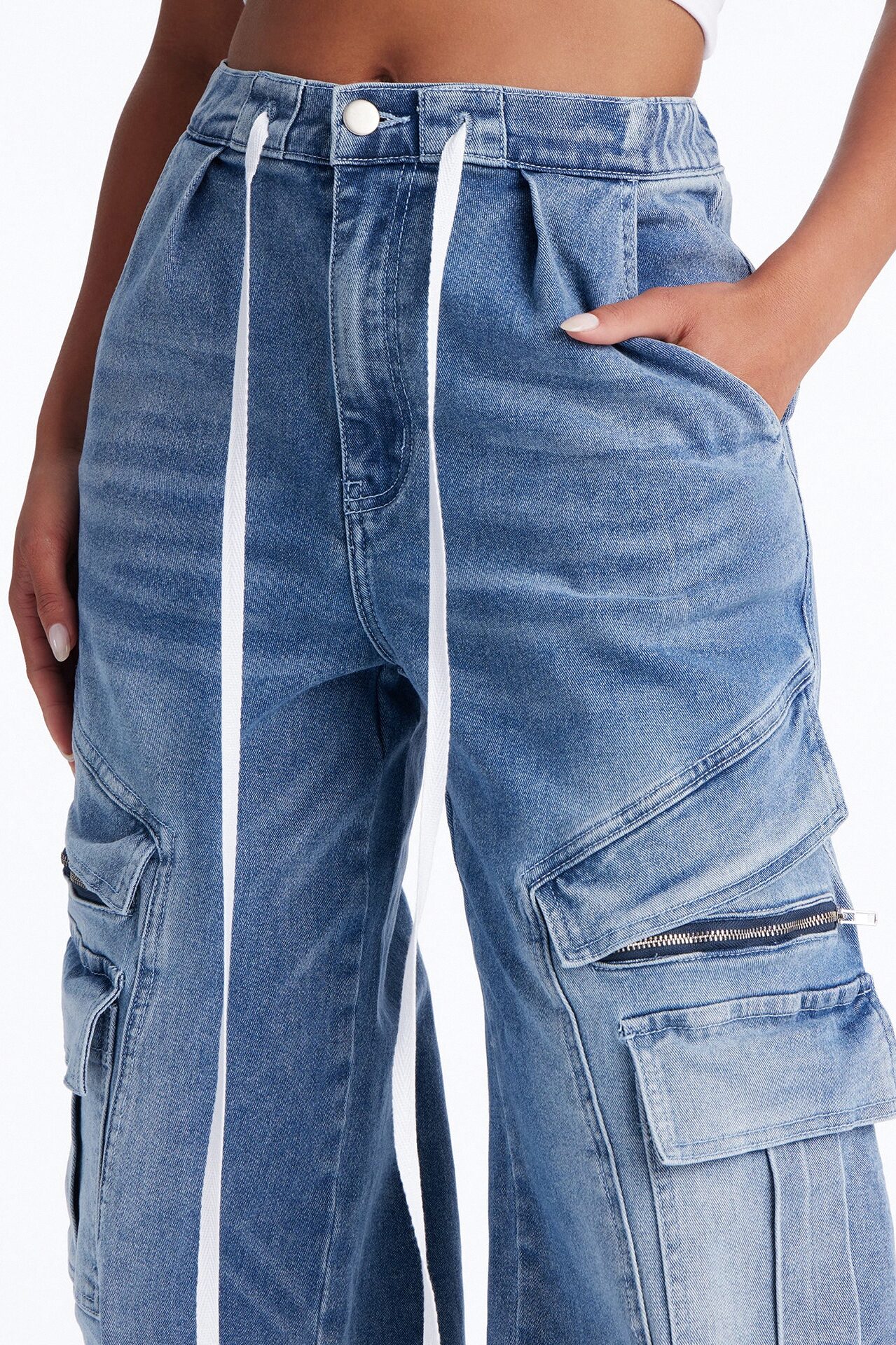 Ask About Me Tie Waist Cargo Wide Leg Jeans - Medium Wash