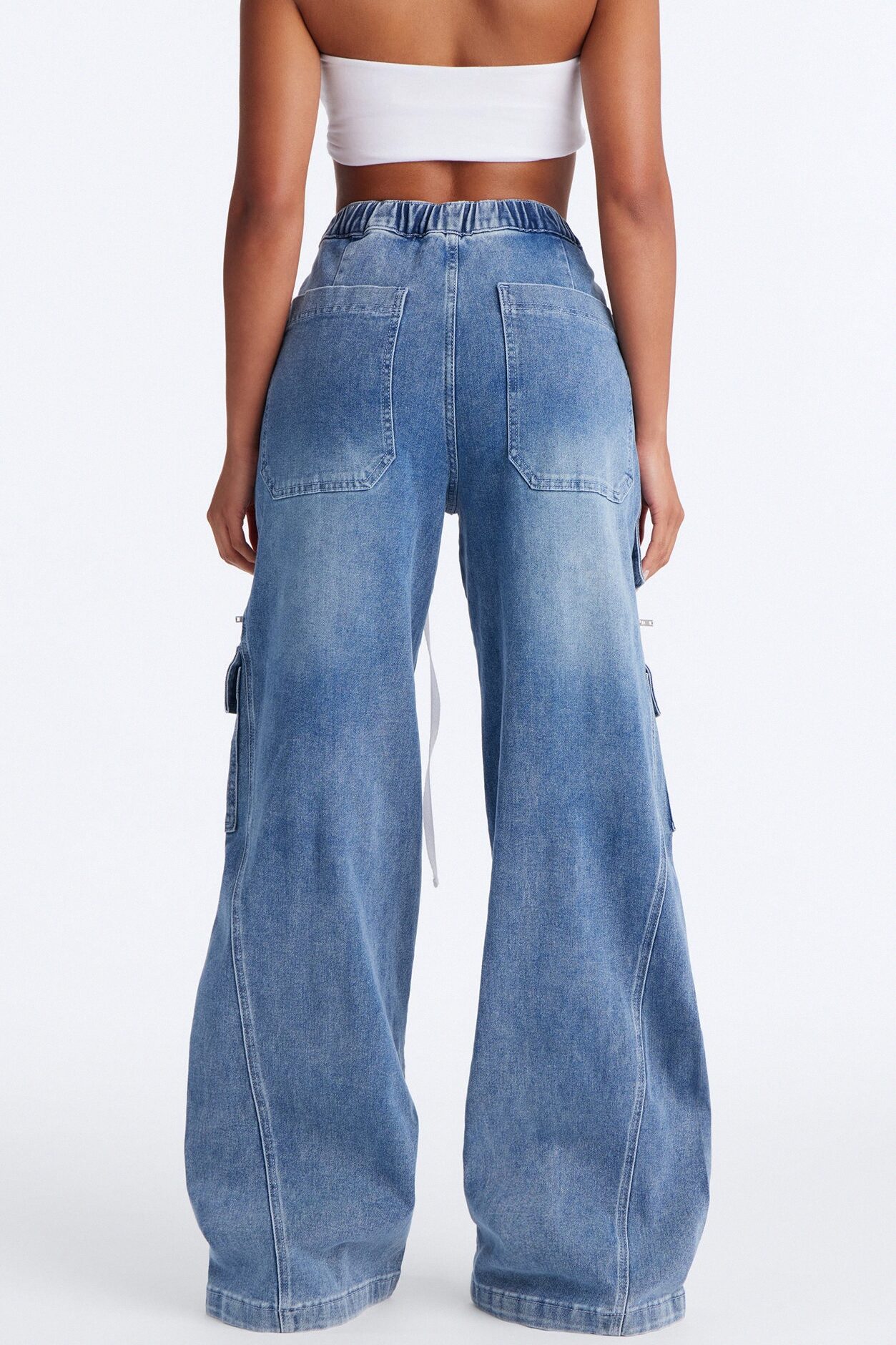 Ask About Me Tie Waist Cargo Wide Leg Jeans - Medium Wash