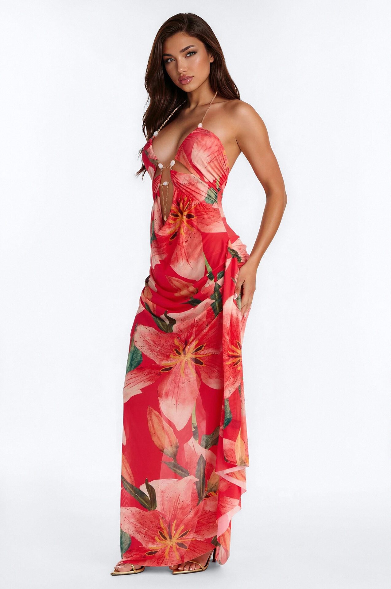 Come My Way Mesh Maxi Dress - Red/combo