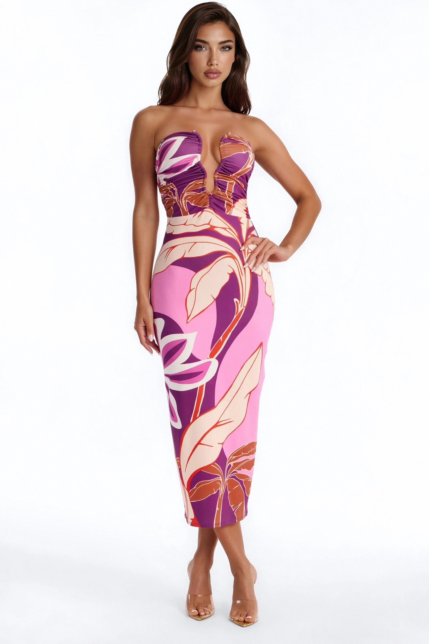 Angelica Printed Ruched Midi Dress - Purple/combo