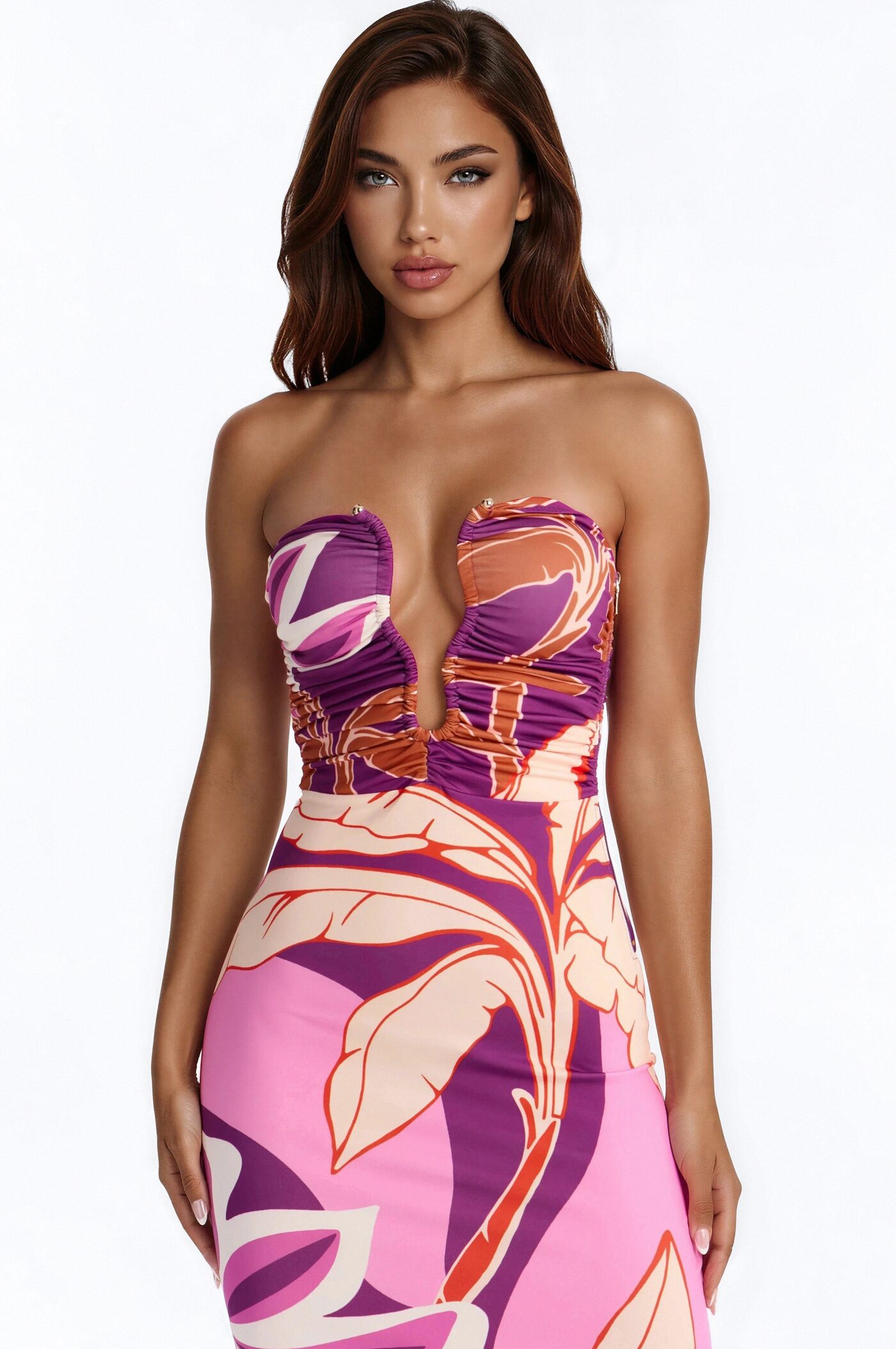 Angelica Printed Ruched Midi Dress - Purple/combo