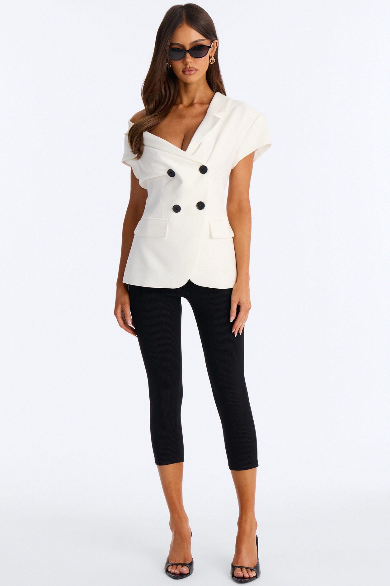 Valerie Asymmetrical Neckline Short Sleeve Blazer - White