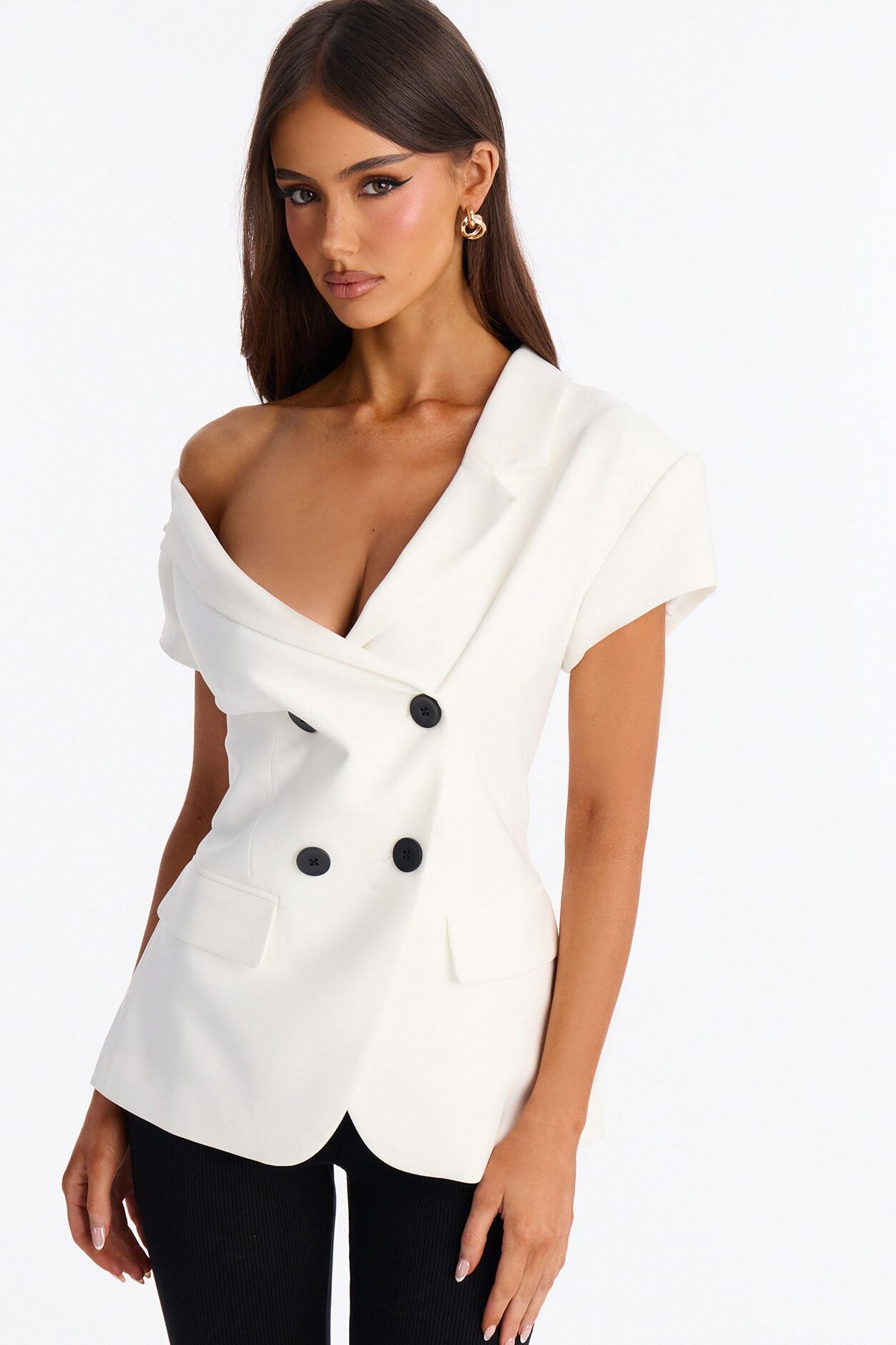 Valerie Asymmetrical Neckline Short Sleeve Blazer - White