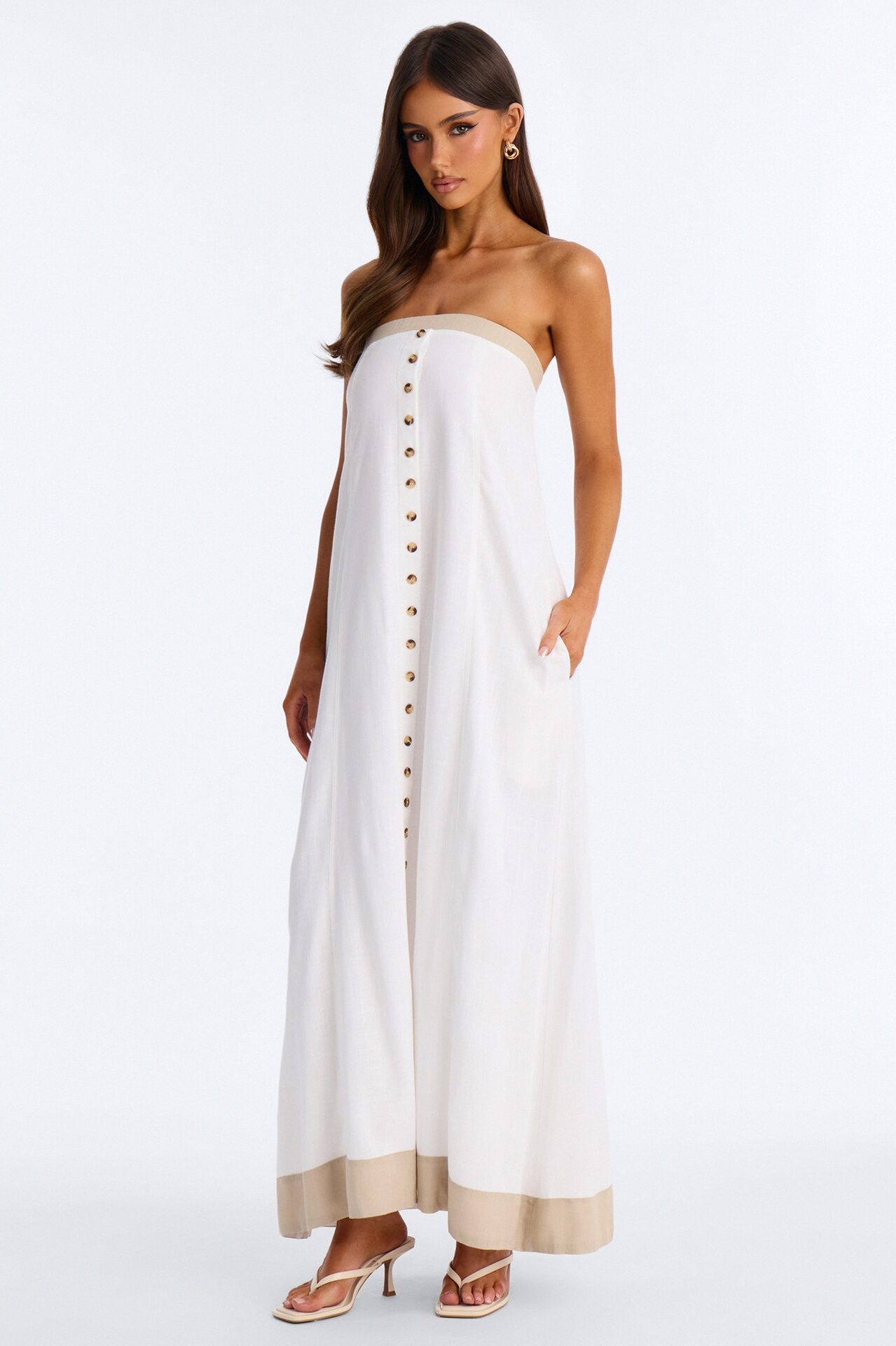 Keep It Cool Button Up Linen Maxi Dress - Cream/combo