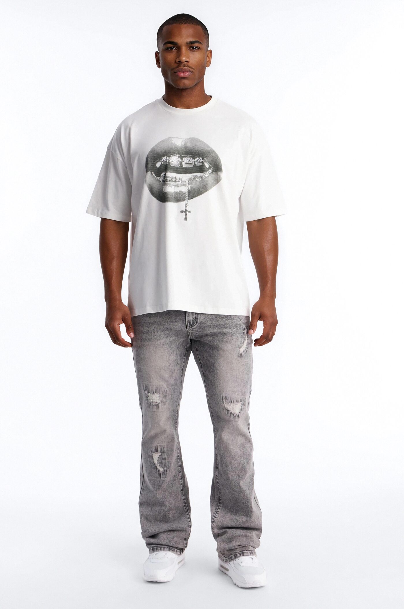Speak On The Cross Rhinestone Oversized Short Sleeve Tee - White