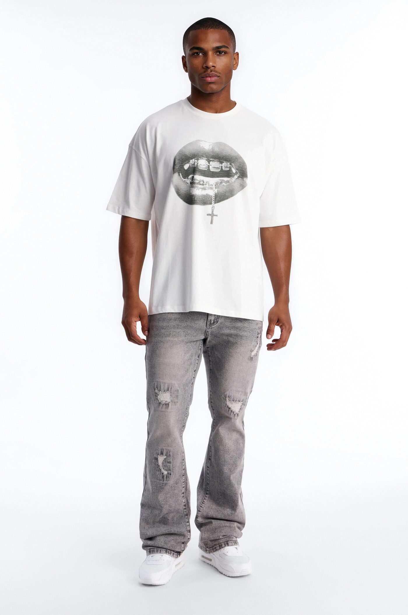 Stacked Skinny Flare Threaded Destroyed Jeans - Grey