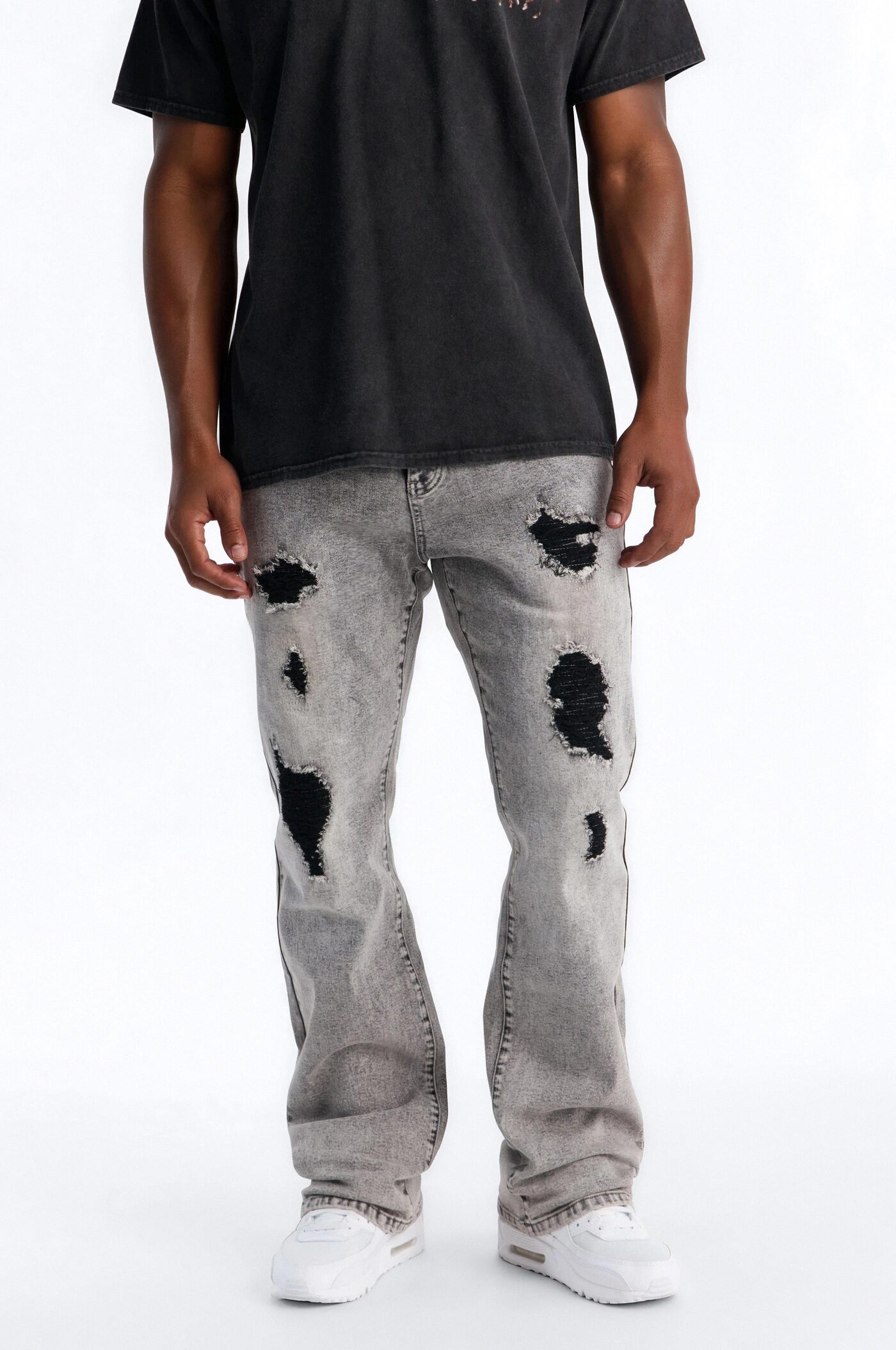 Stacked Skinny Slim Flare Acid Distressed Jeans - Grey
