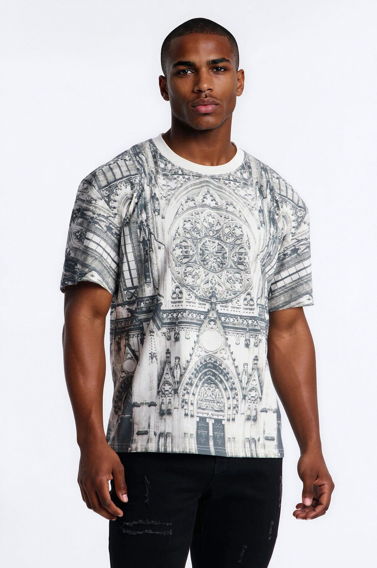 Gothic Church All Over Print Oversized Short Sleeve Tee - White