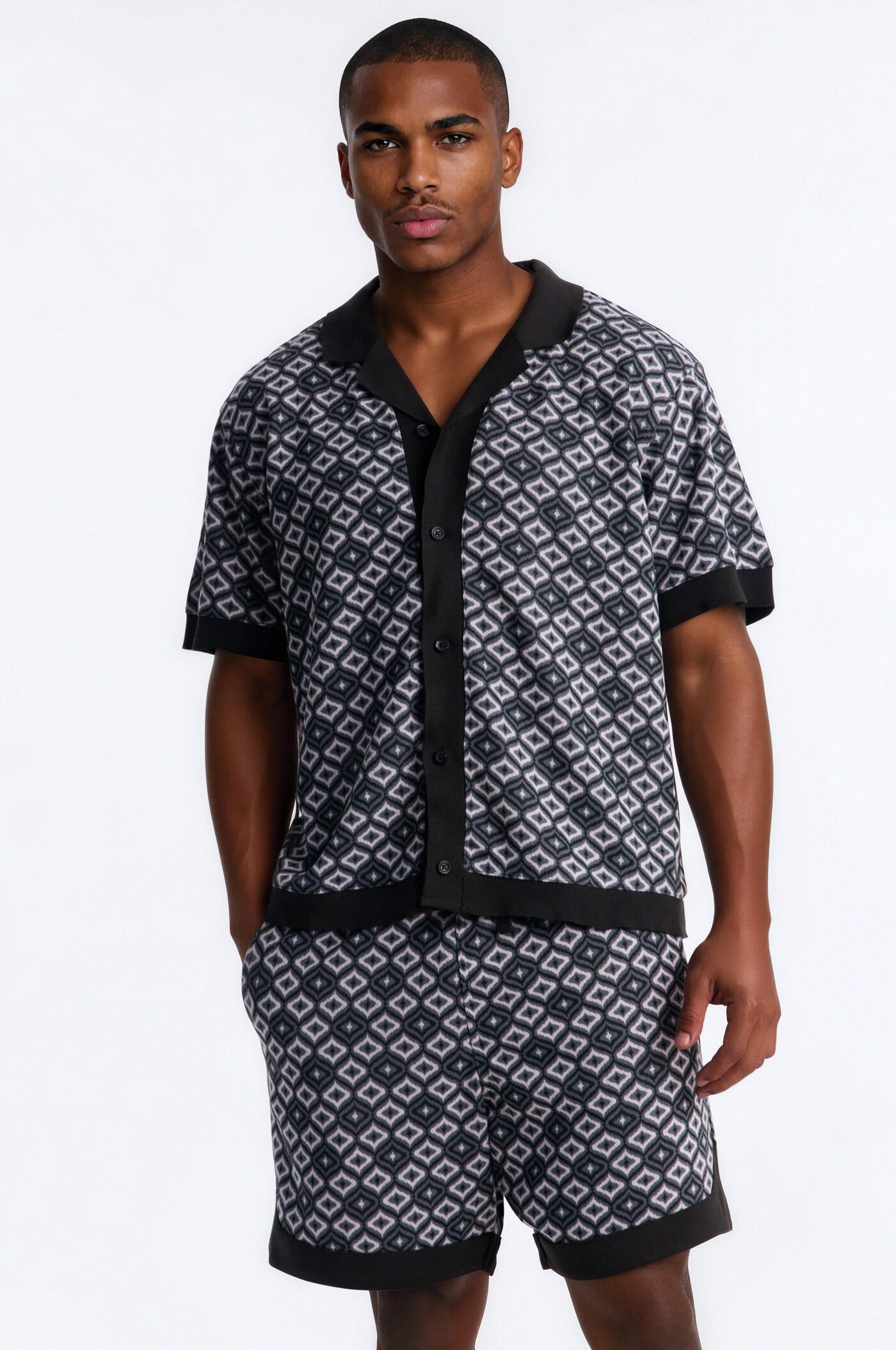 Geometric Jewel Jacquard Button Up Shirt - Grey