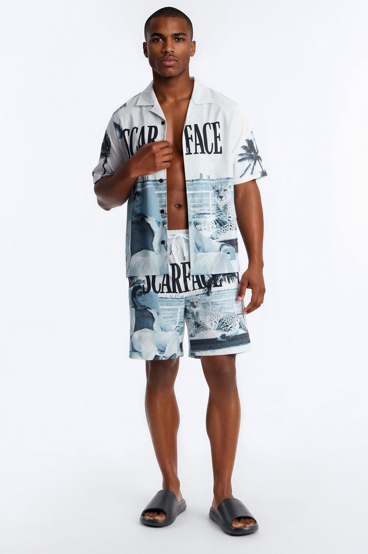Relaxed Scarface Poolside Photoreal Cuban Collar Button Up Shirt - White