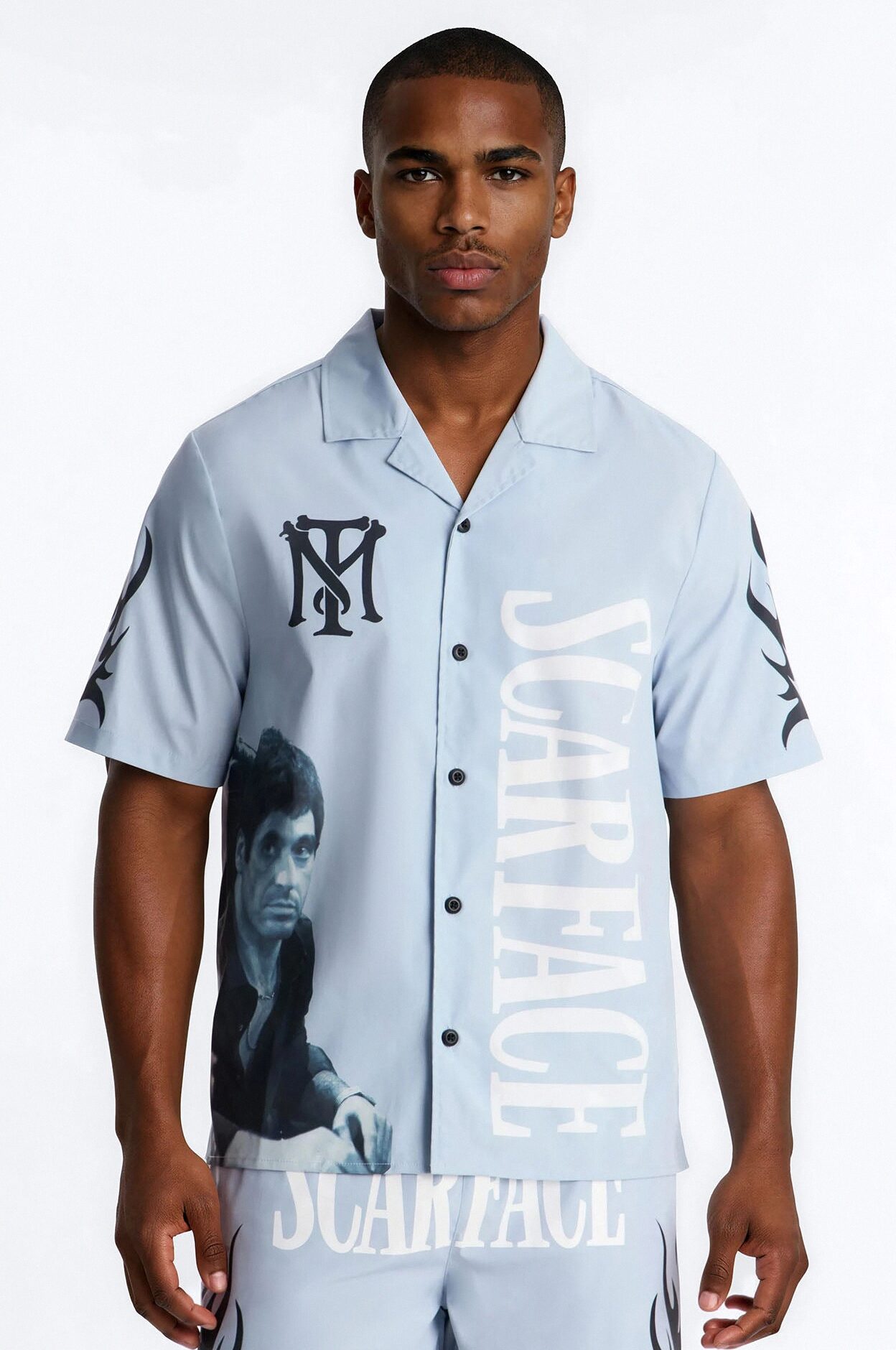 Relaxed Scarface Coast Cuban Collar Button Up Shirt - Light Blue