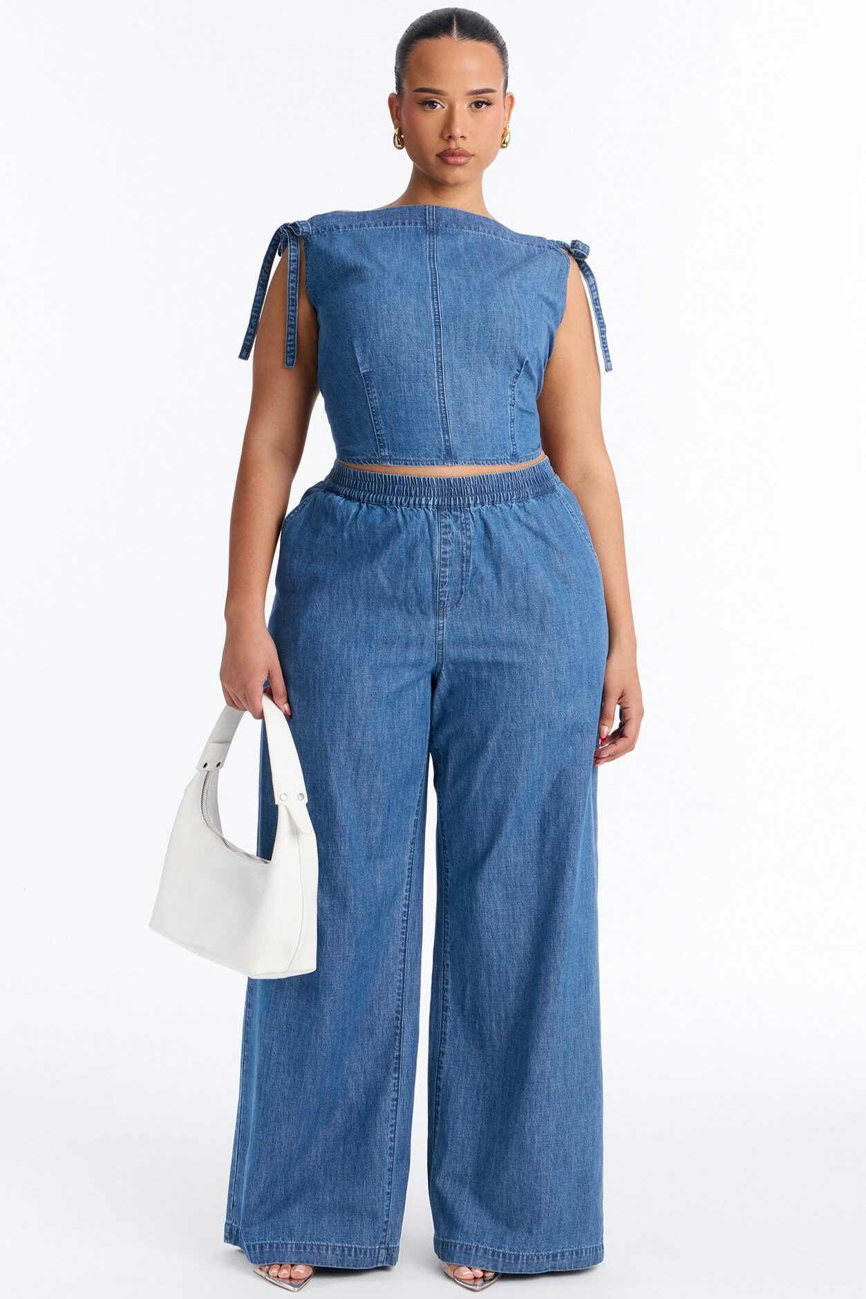 Brynn Off The Shoulder Wide Leg Denim Set - Medium Wash