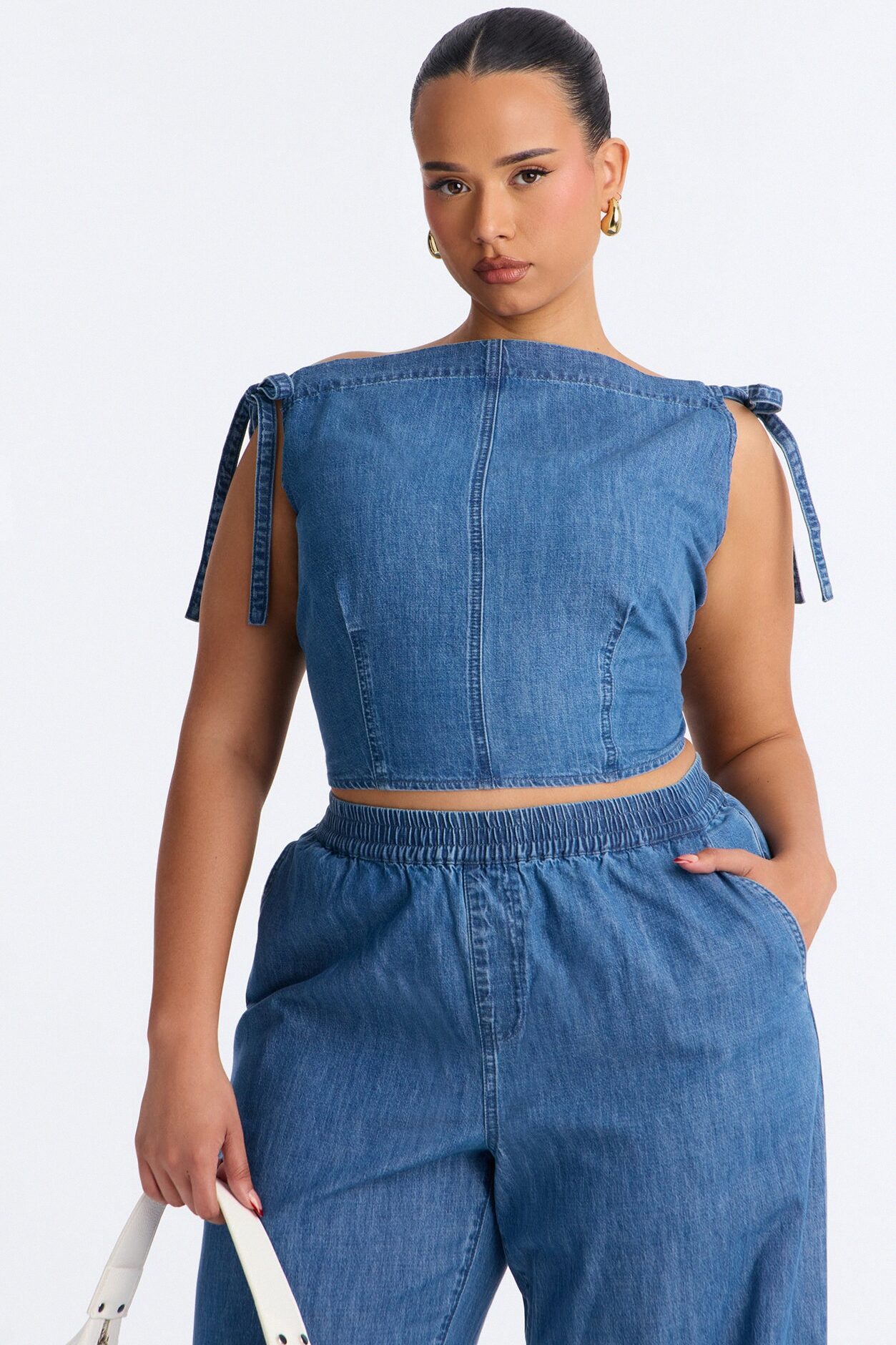 Brynn Off The Shoulder Wide Leg Denim Set - Medium Wash