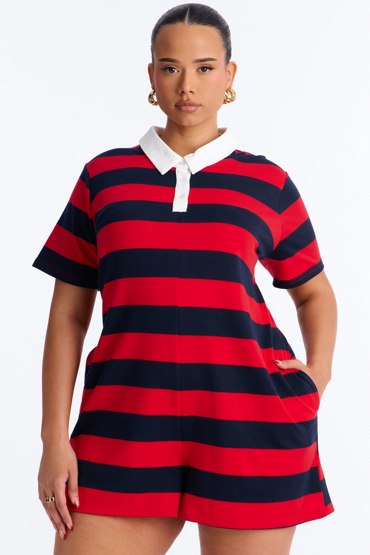 Bailey Striped Polo Romper - Burgundy