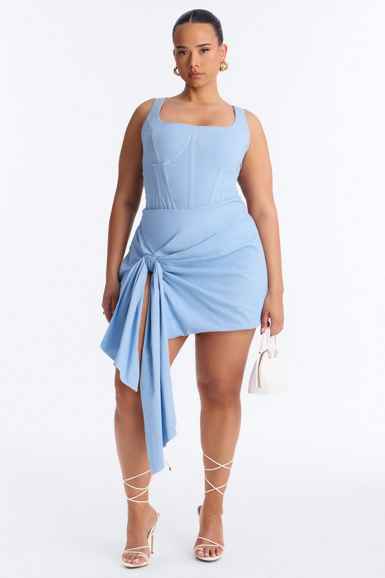 Ivy Draped Linen Bodysuit Skirt Set - Blue