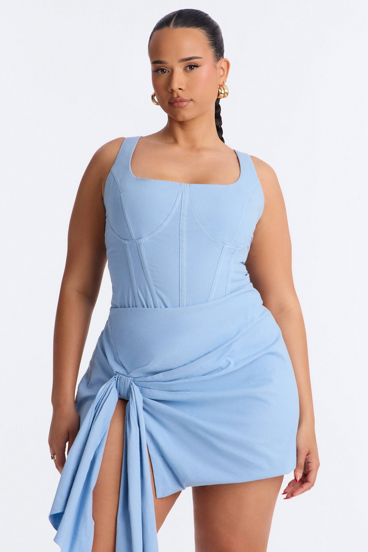 Ivy Draped Linen Bodysuit Skirt Set - Blue