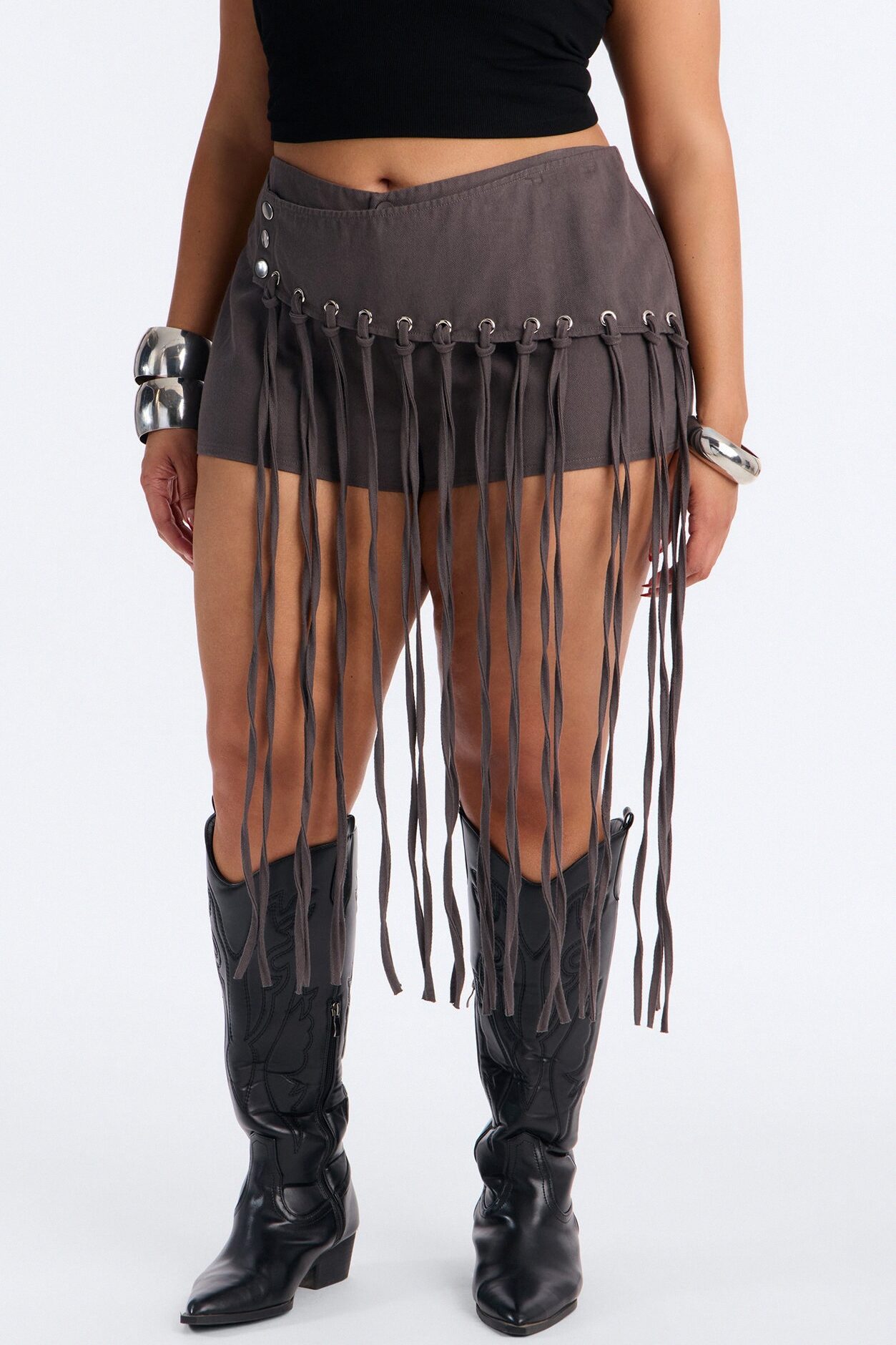 Leah Fringe Trim Micro Short - Charcoal