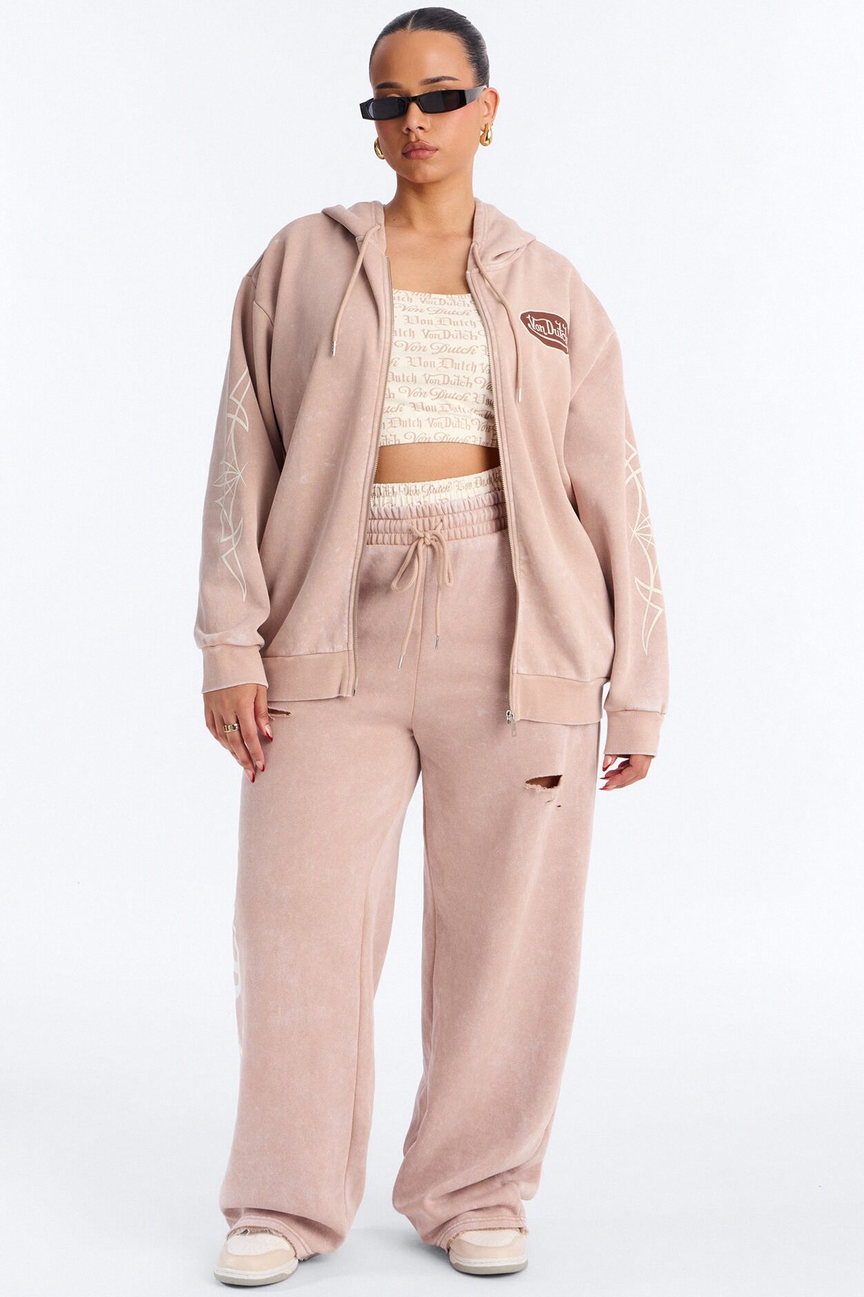 Von Dutch Washed Zip Up Sweatshirt - Taupe