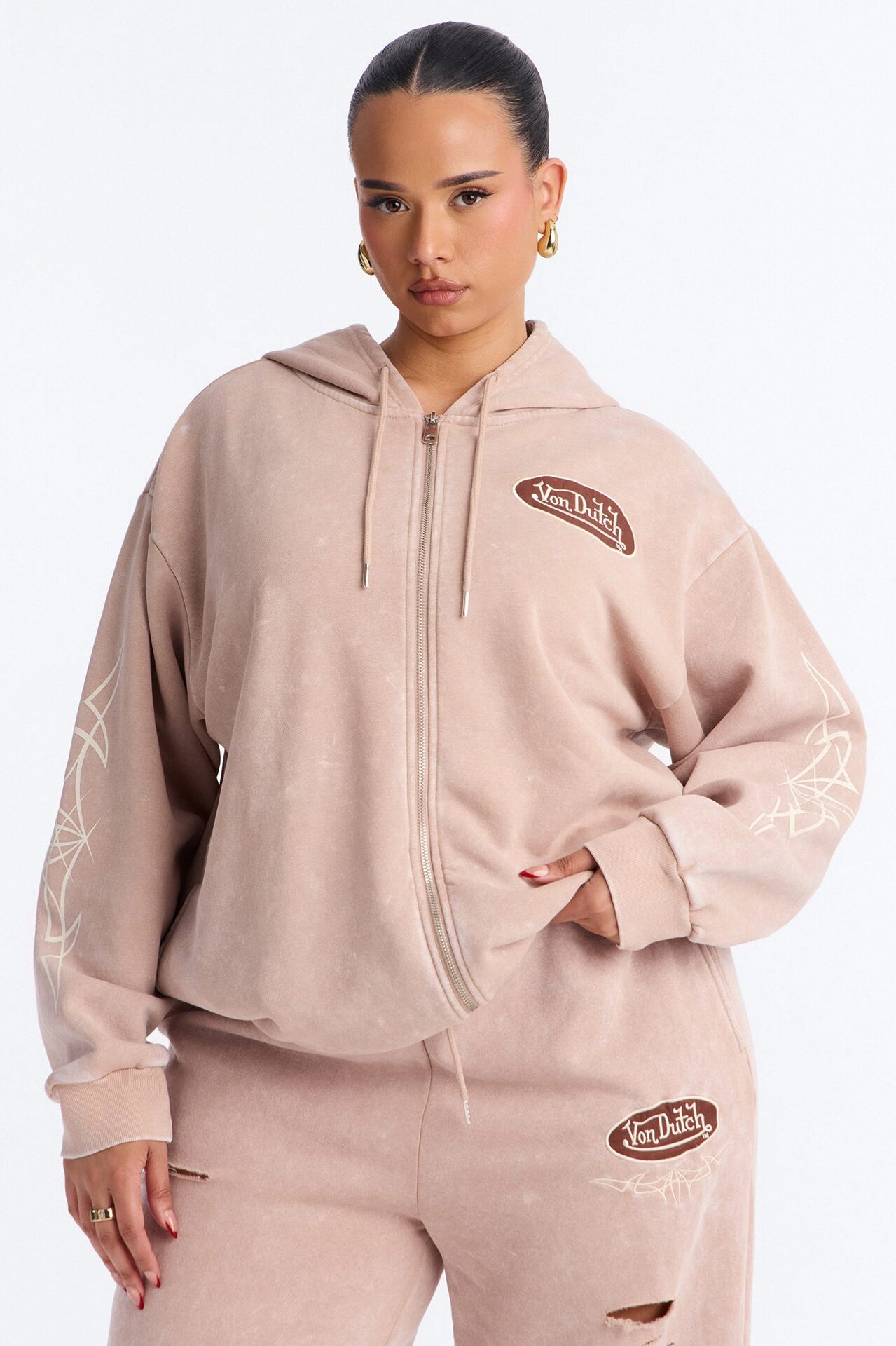 Von Dutch Washed Zip Up Sweatshirt - Taupe
