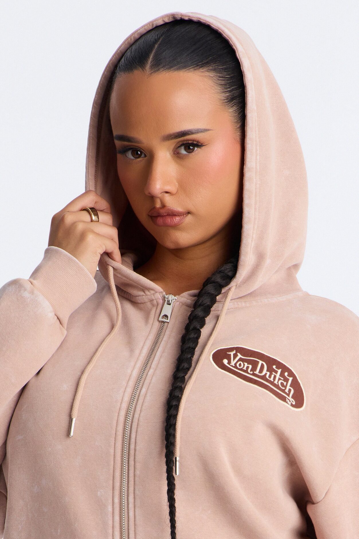 Von Dutch Washed Zip Up Sweatshirt - Taupe