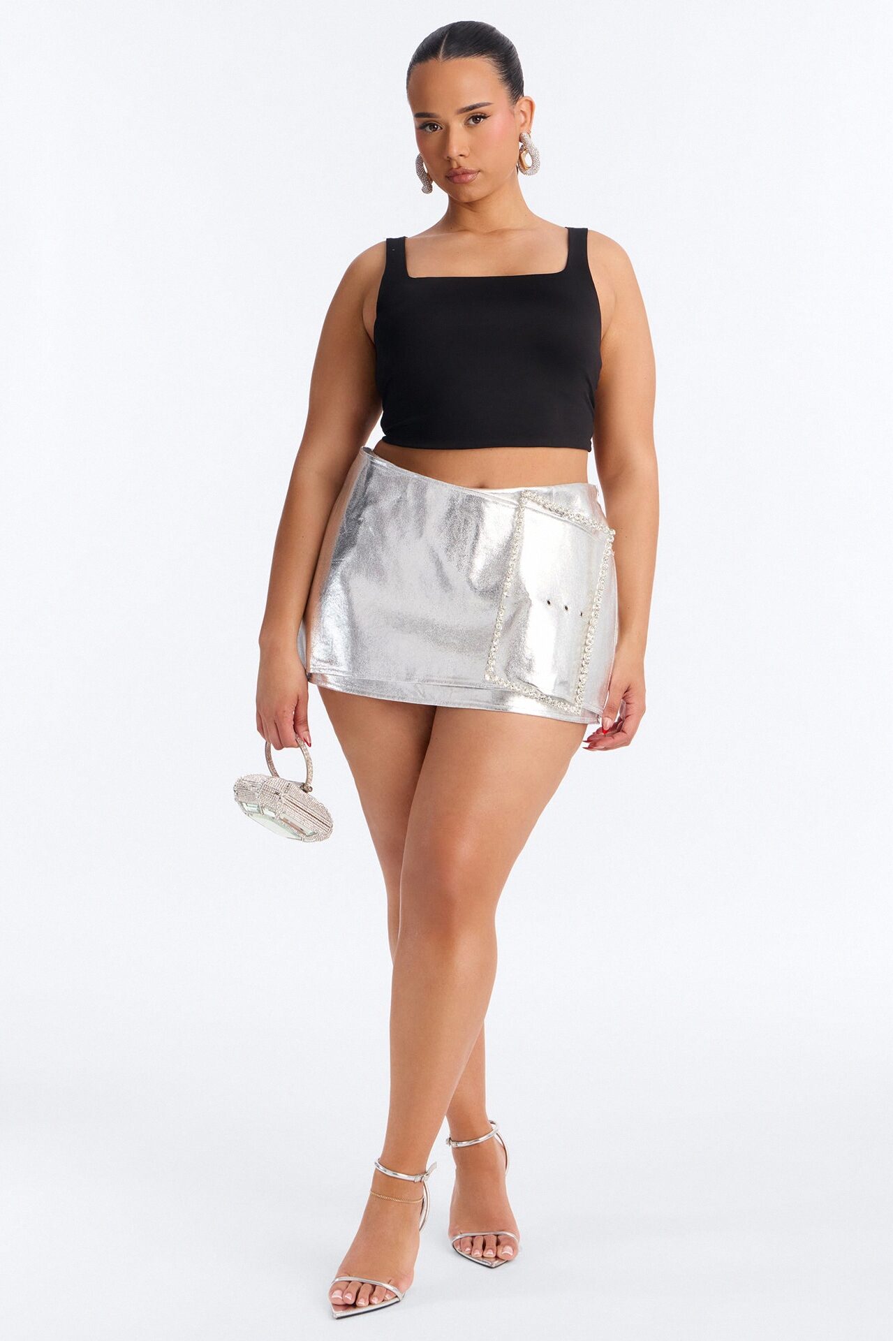 Stella Metallic Oversized Belt Micro Mini Skort - Silver