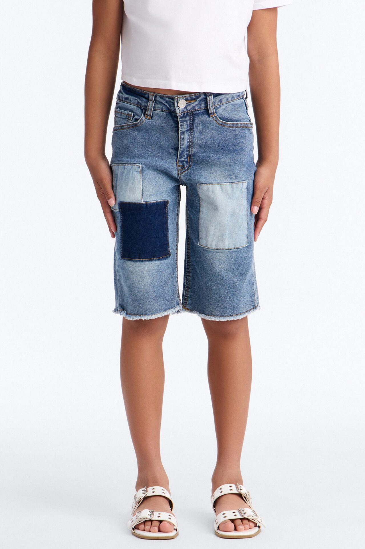 Mini Getting Impatient Patchwork Jorts - Medium Wash