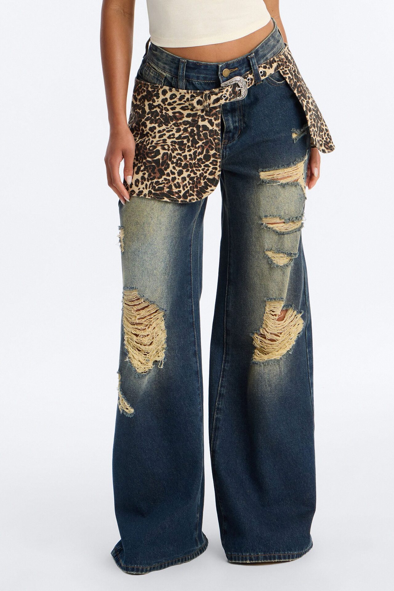 Wild Girl Belted Overlay Ripped Jeans - Dark Wash