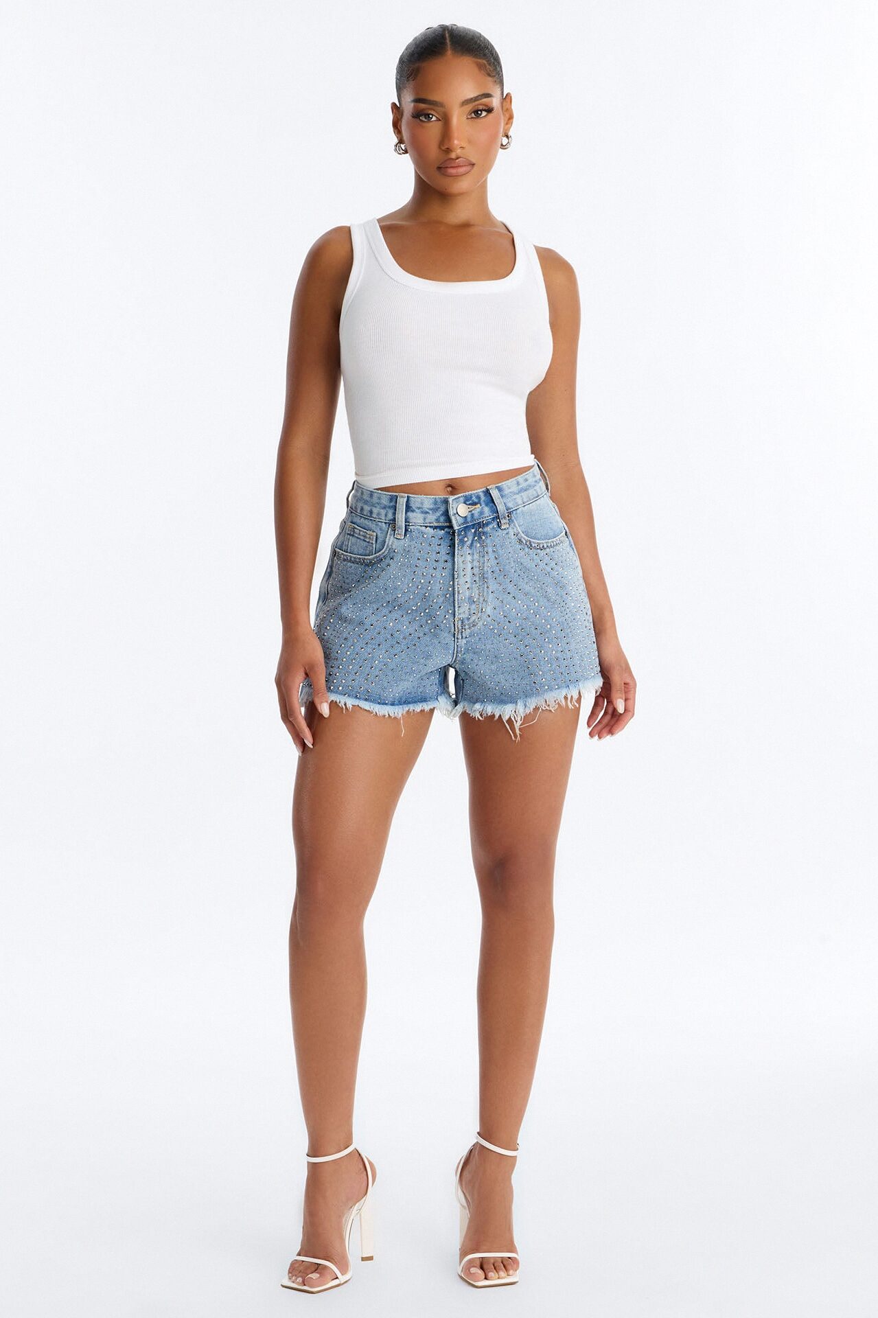 Simply Stunnin' Embellished Cut Off Denim Shorts - Medium Wash