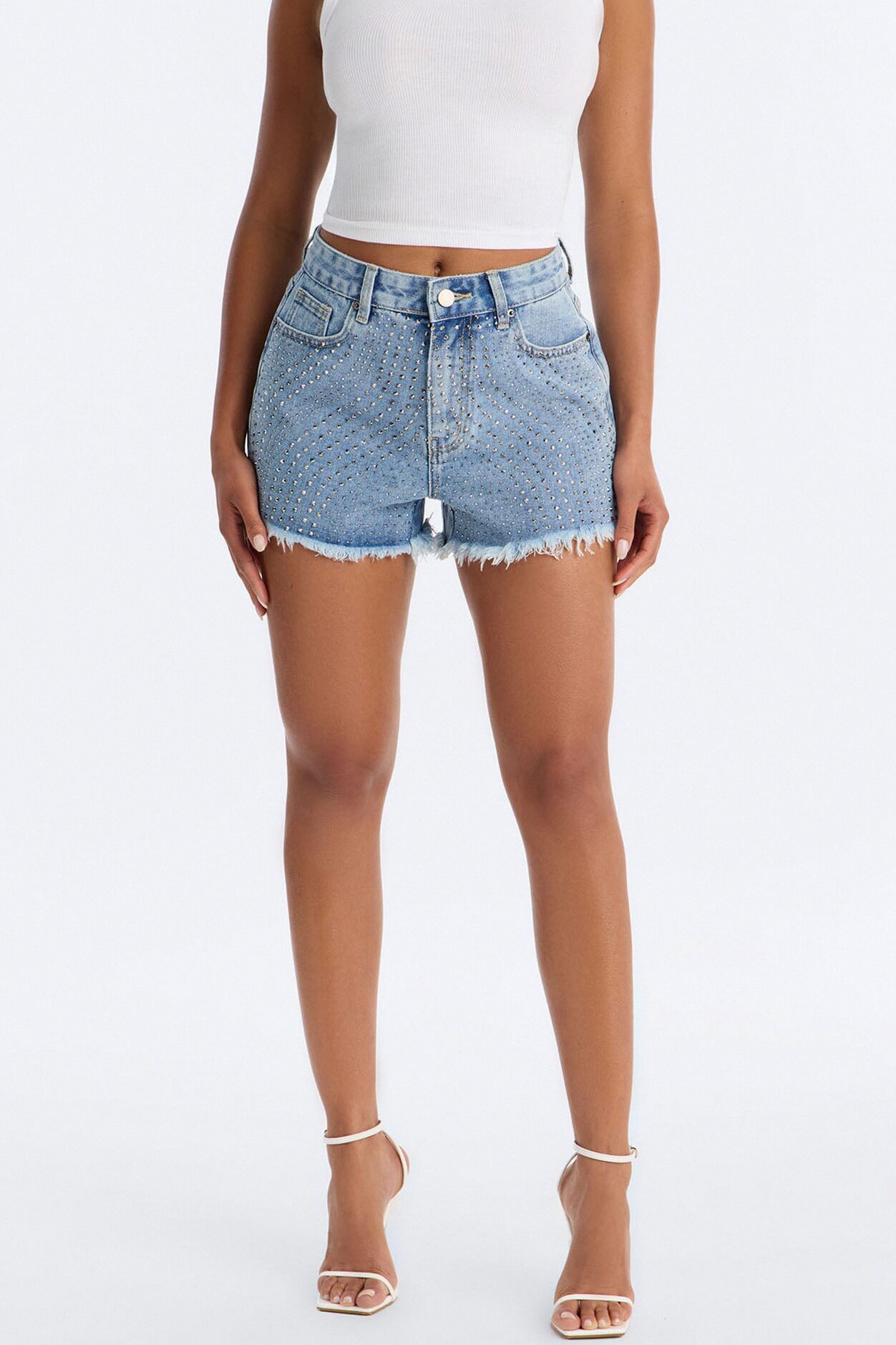 Simply Stunnin' Embellished Cut Off Denim Shorts - Medium Wash