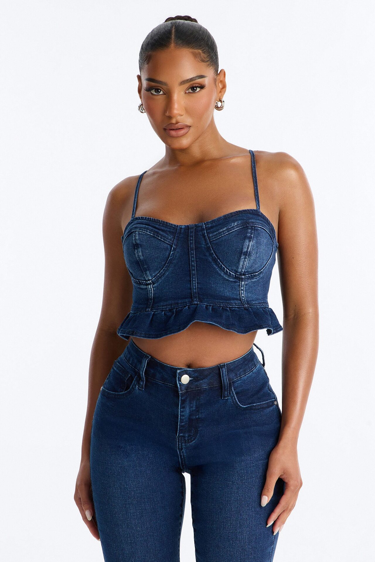 Steal The Show Ruffle Denim Bustier Tank - Dark Wash
