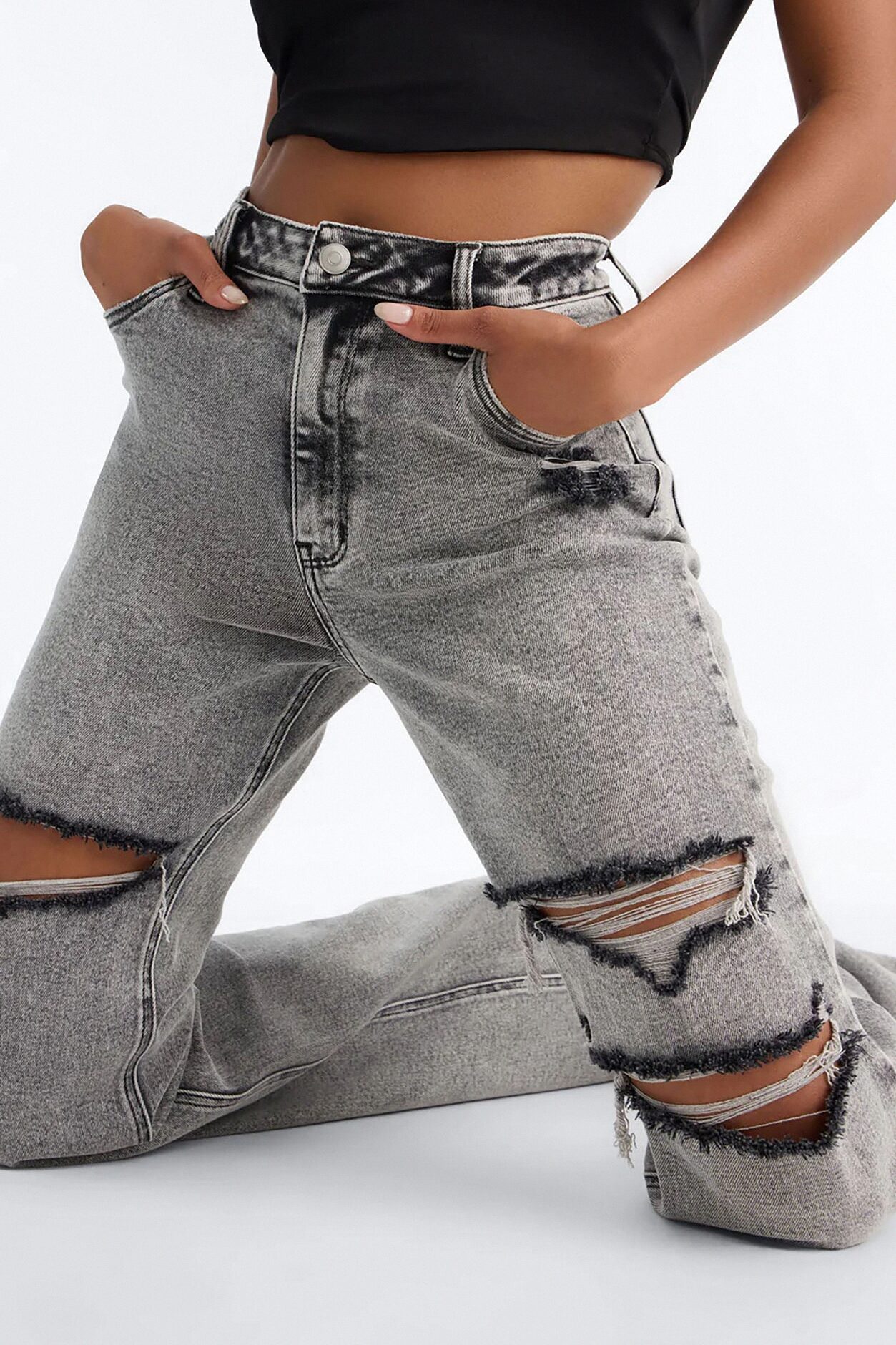 Tall Remi Ripped Stretch Baggy Jeans - Grey