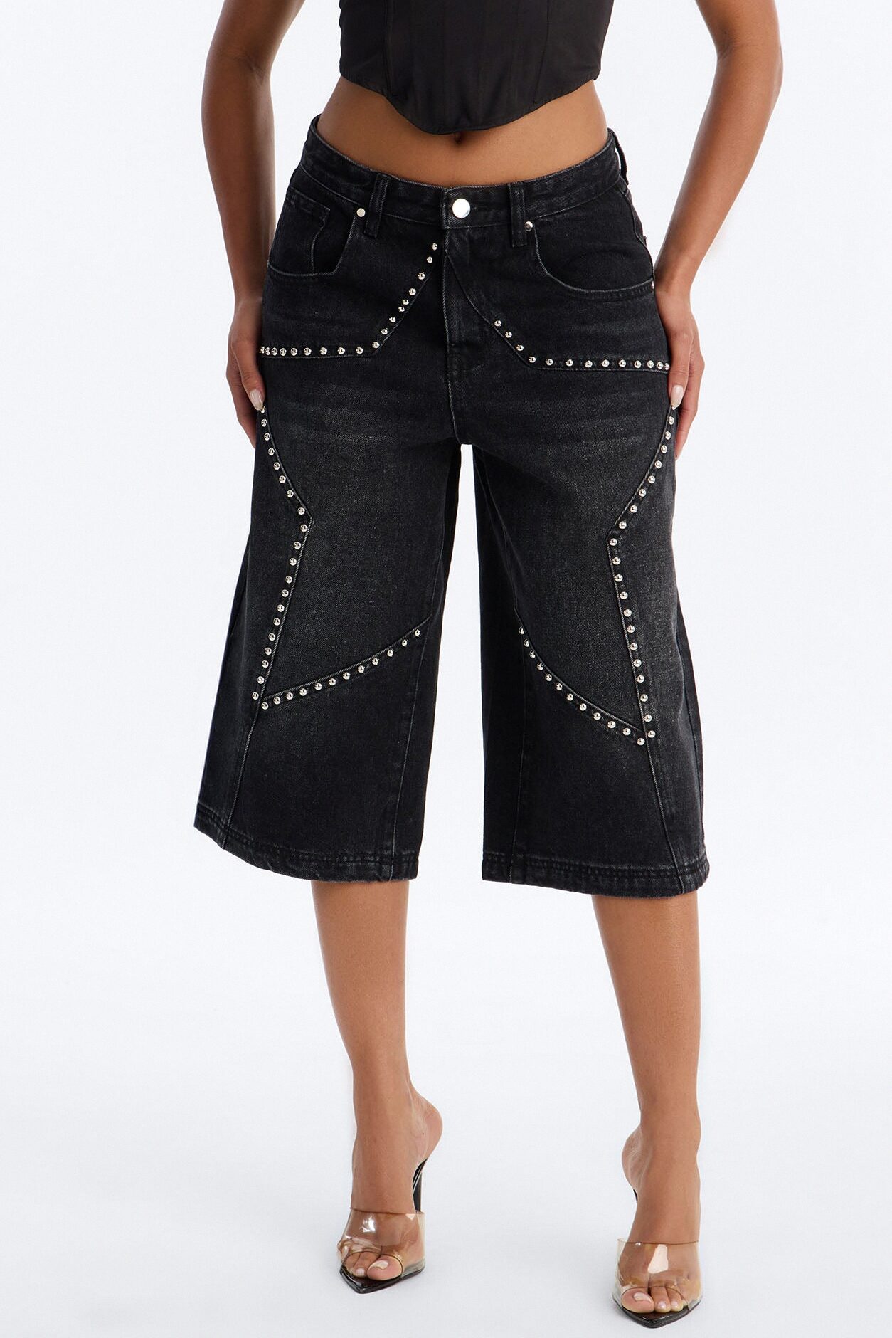 Starry Nights Studded Drop Waist Denim Culotte Jeans - Black Wash