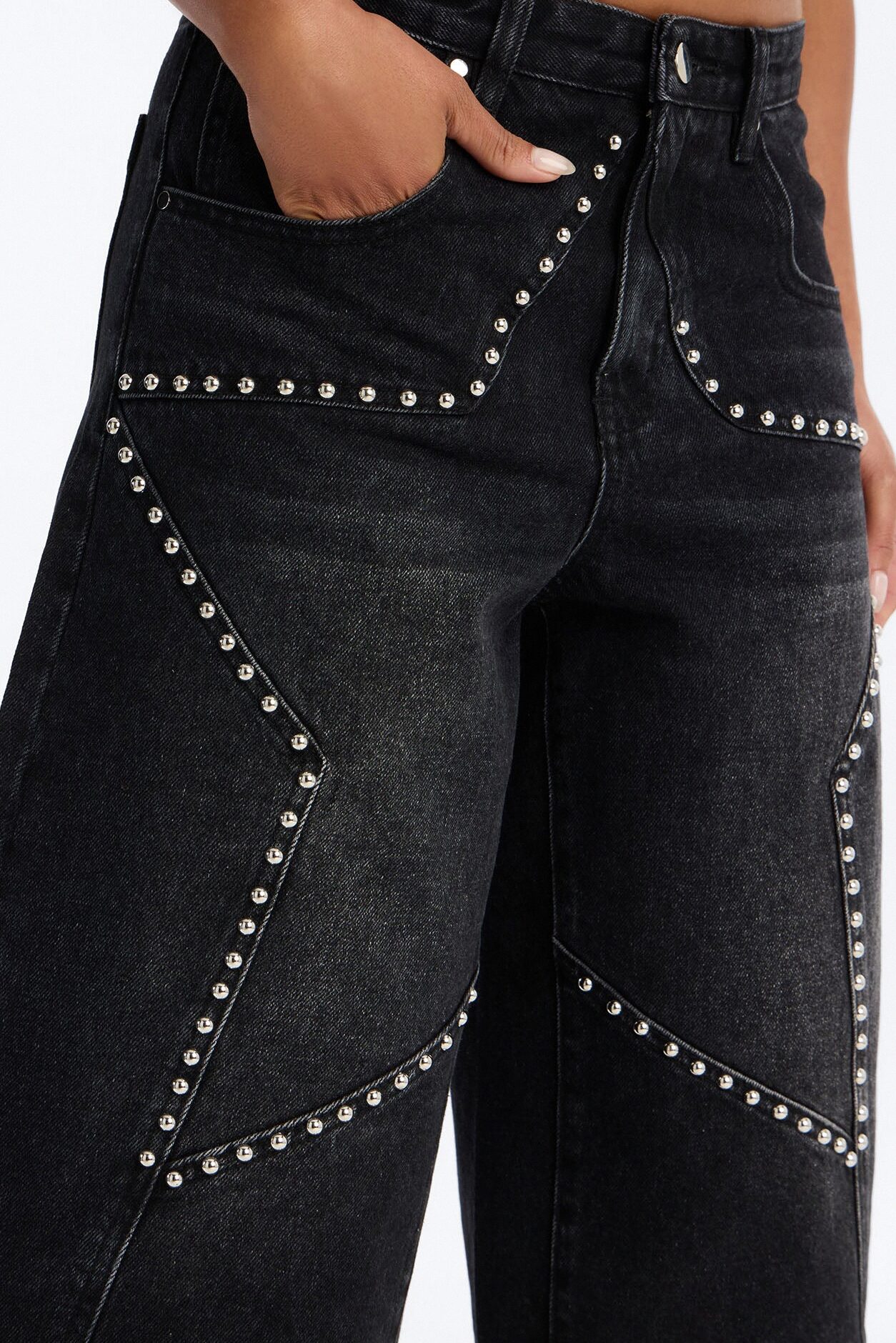 Starry Nights Studded Drop Waist Denim Culotte Jeans - Black Wash