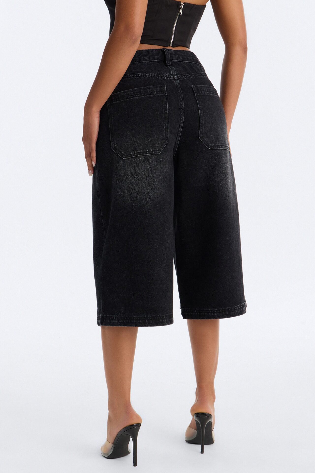 Starry Nights Studded Drop Waist Denim Culotte Jeans - Black Wash