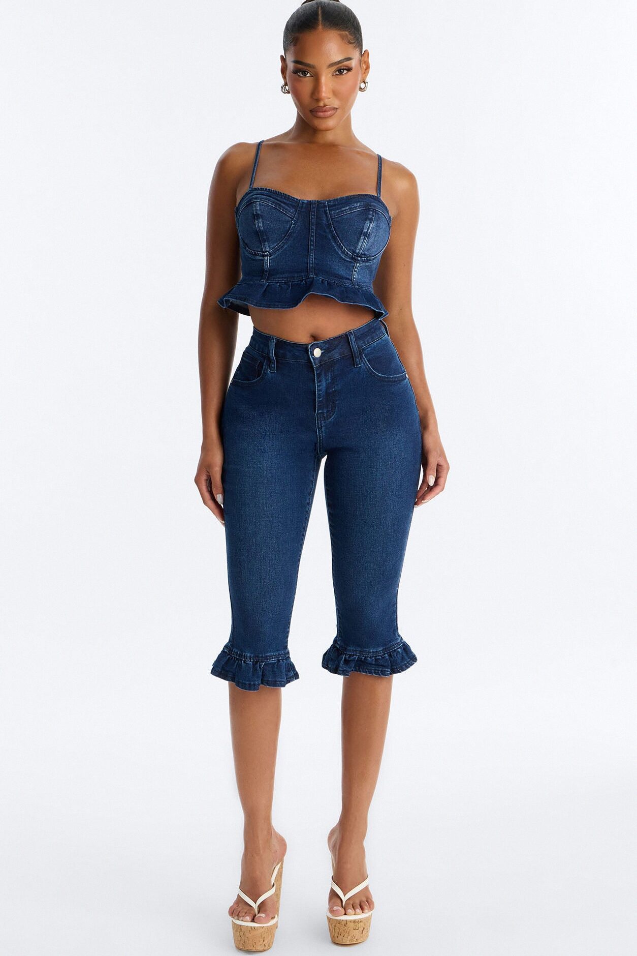 Steal The Show Ruffle Denim Capris - Dark Wash