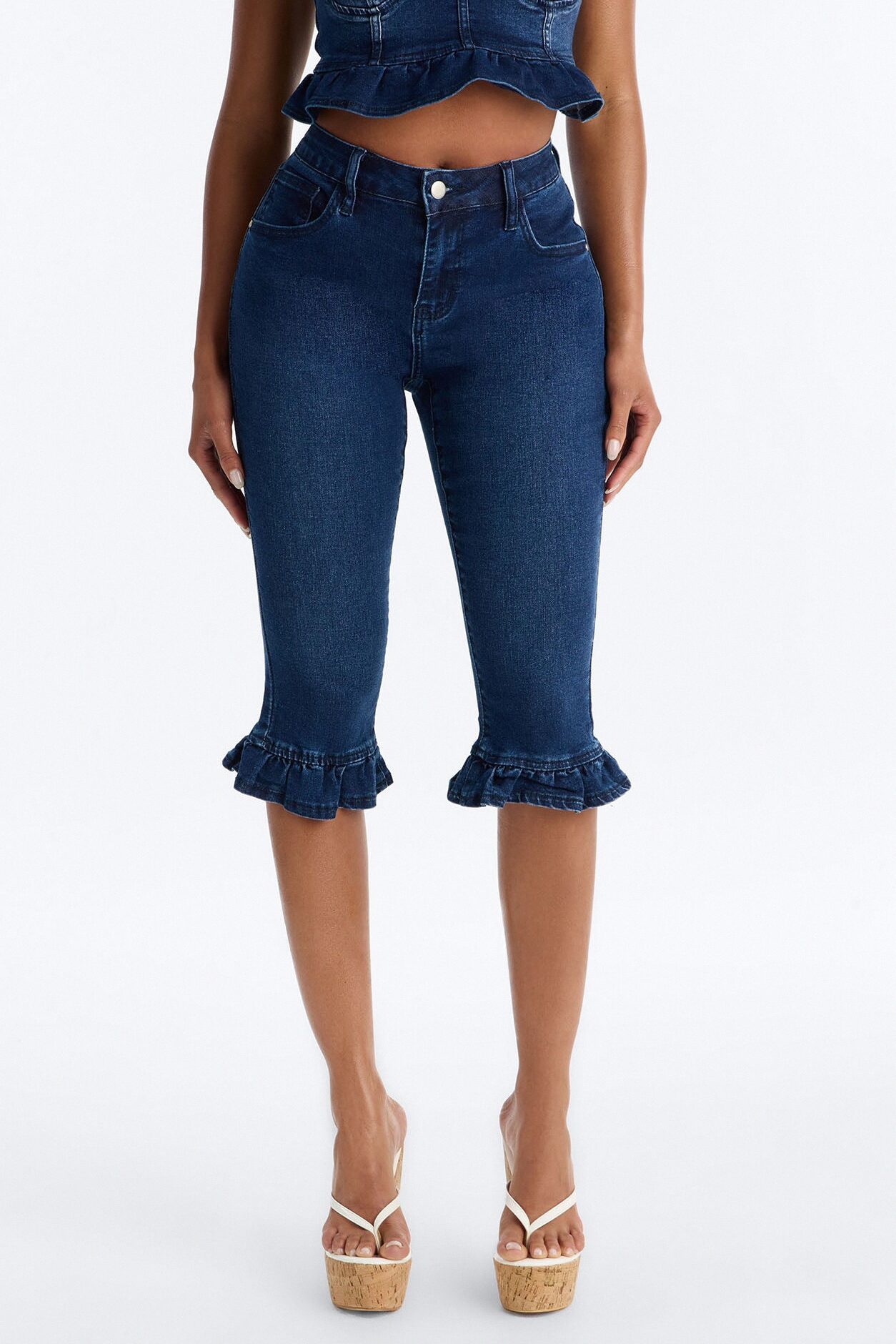 Steal The Show Ruffle Denim Capris - Dark Wash