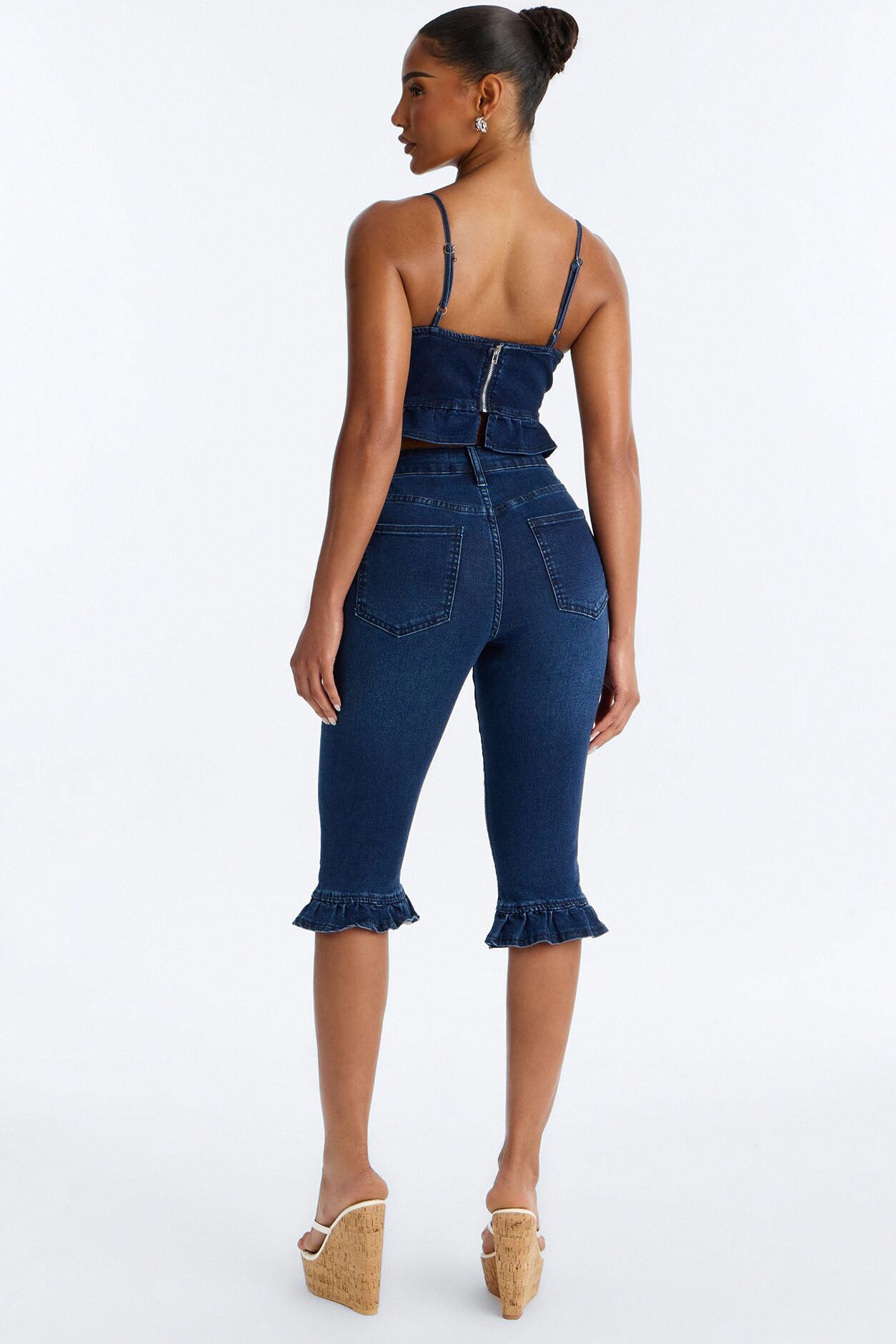 Steal The Show Ruffle Denim Capris - Dark Wash